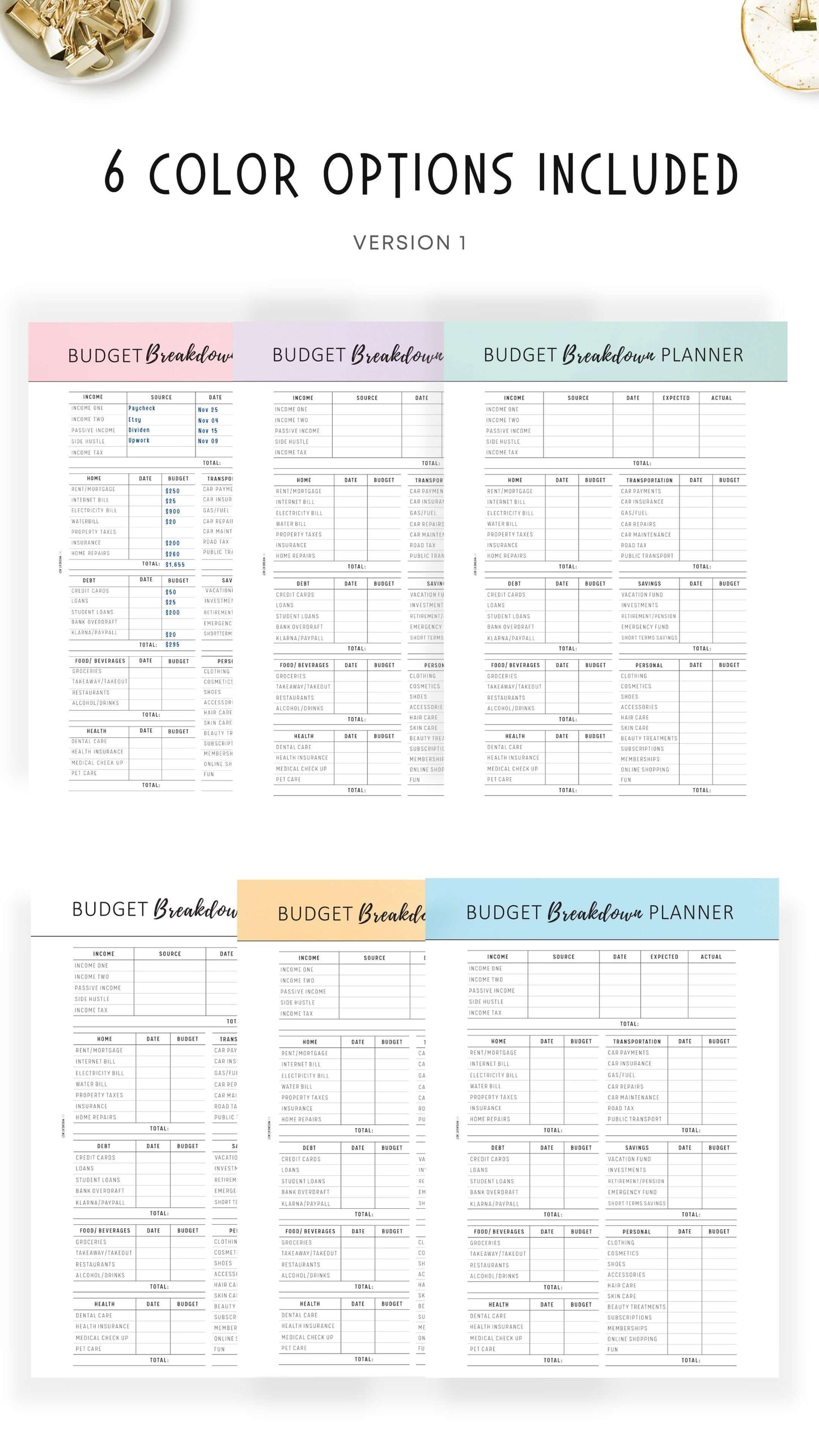 6 colors of Budget Breakdown Planner Template