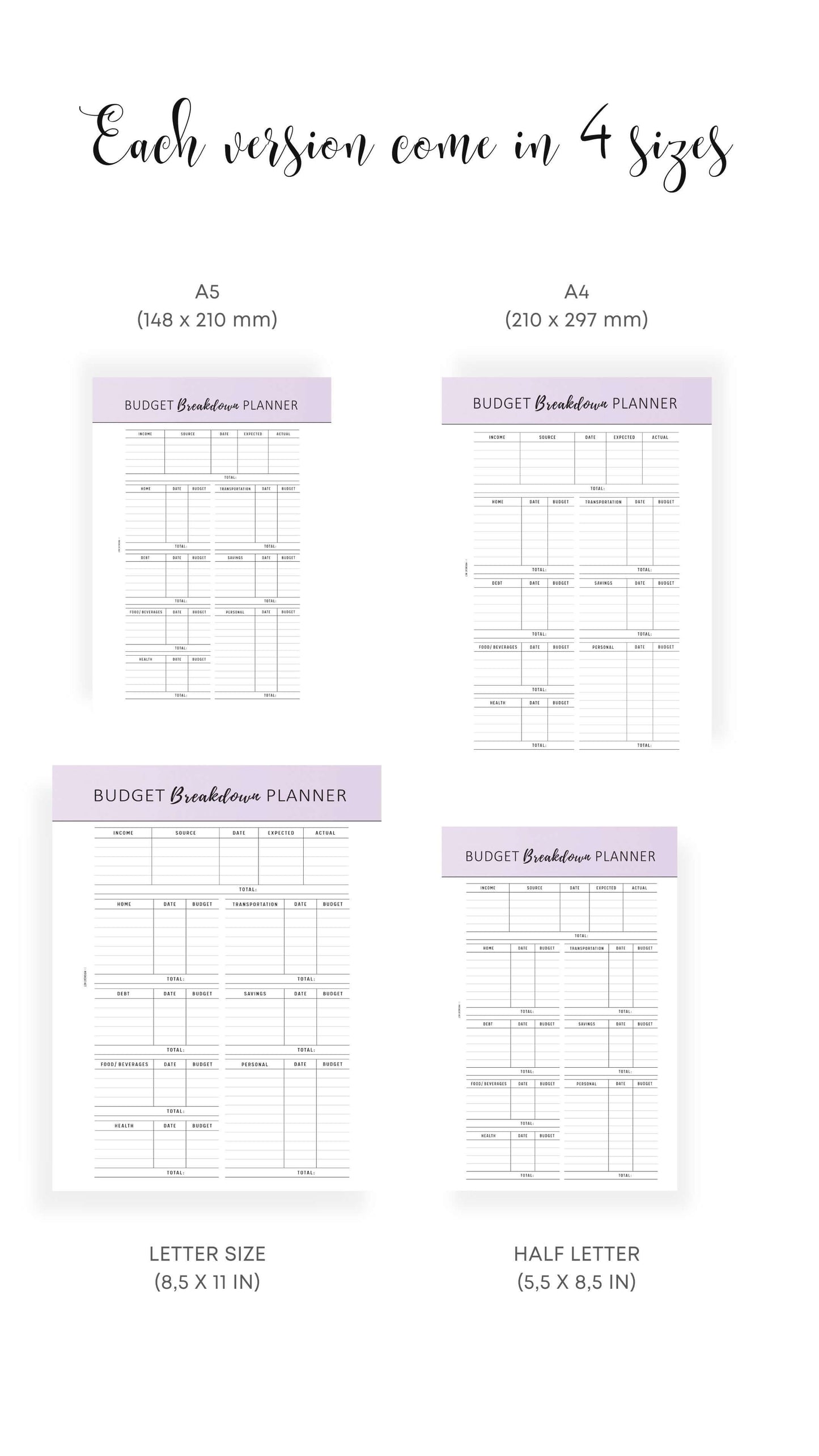 A4, A5, Letter, Half Letter Budget Breakdown Planner Template