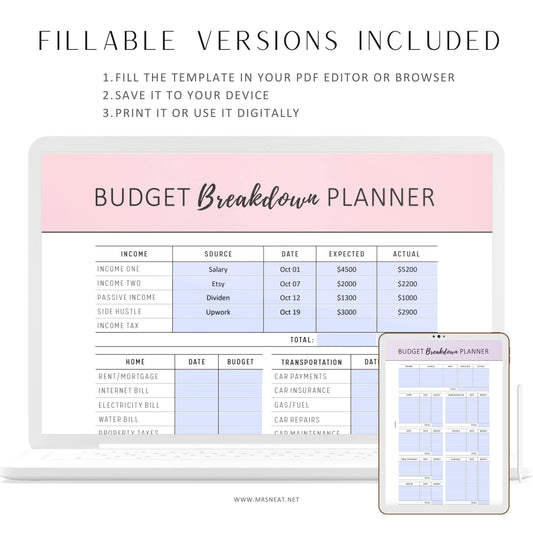 Budget Breakdown Planner Template, Fillable Budget Planner, Paycheck Budget Printable, 2 versions, 6 Colors, A4, A5, Letter, Half Letter