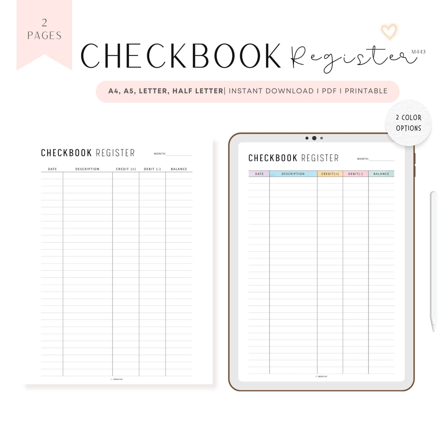 Checkbook Register Printable, Minimalist and Colorful Page, A4, A5, Letter, Half Letter