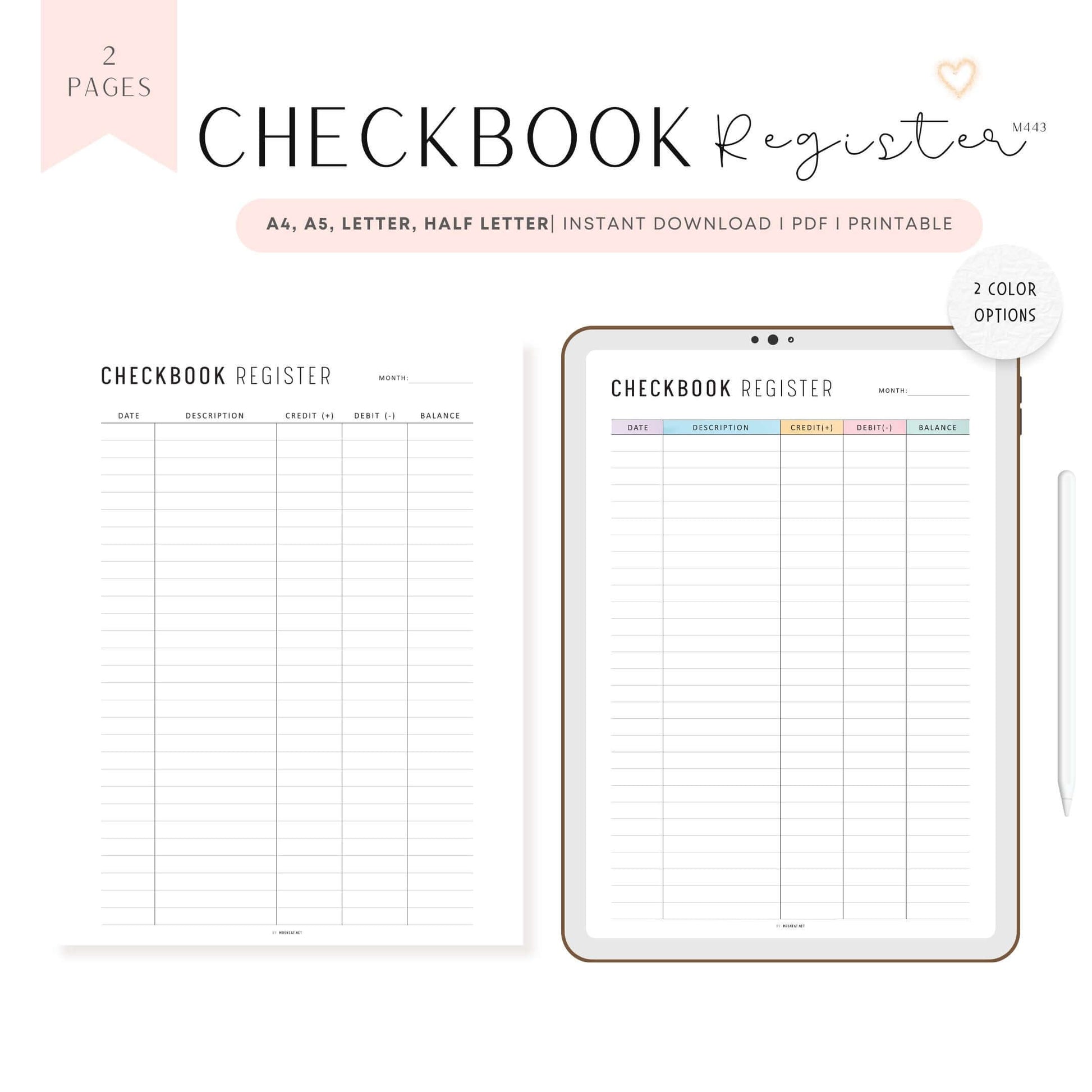 Checkbook Register Printable, Minimalist and Colorful Page, A4, A5, Letter, Half Letter