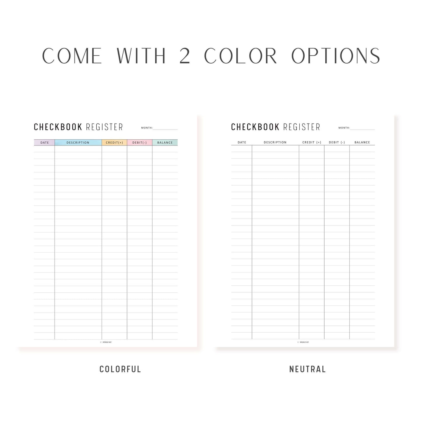 Checkbook Register Printable, Minimalist and Colorful Page, A4, A5, Letter, Half Letter