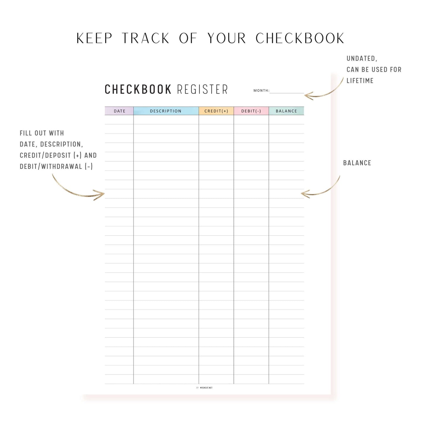 Checkbook Register Printable, Minimalist and Colorful Page, A4, A5, Letter, Half Letter