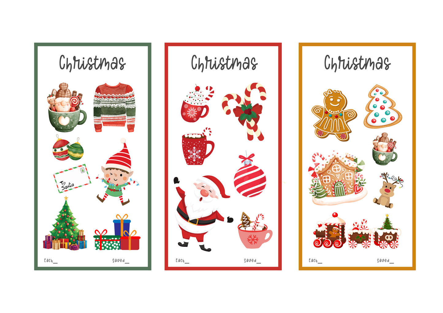 Three Christmas-themed mini savings tracker with festive illustrations on a white background.