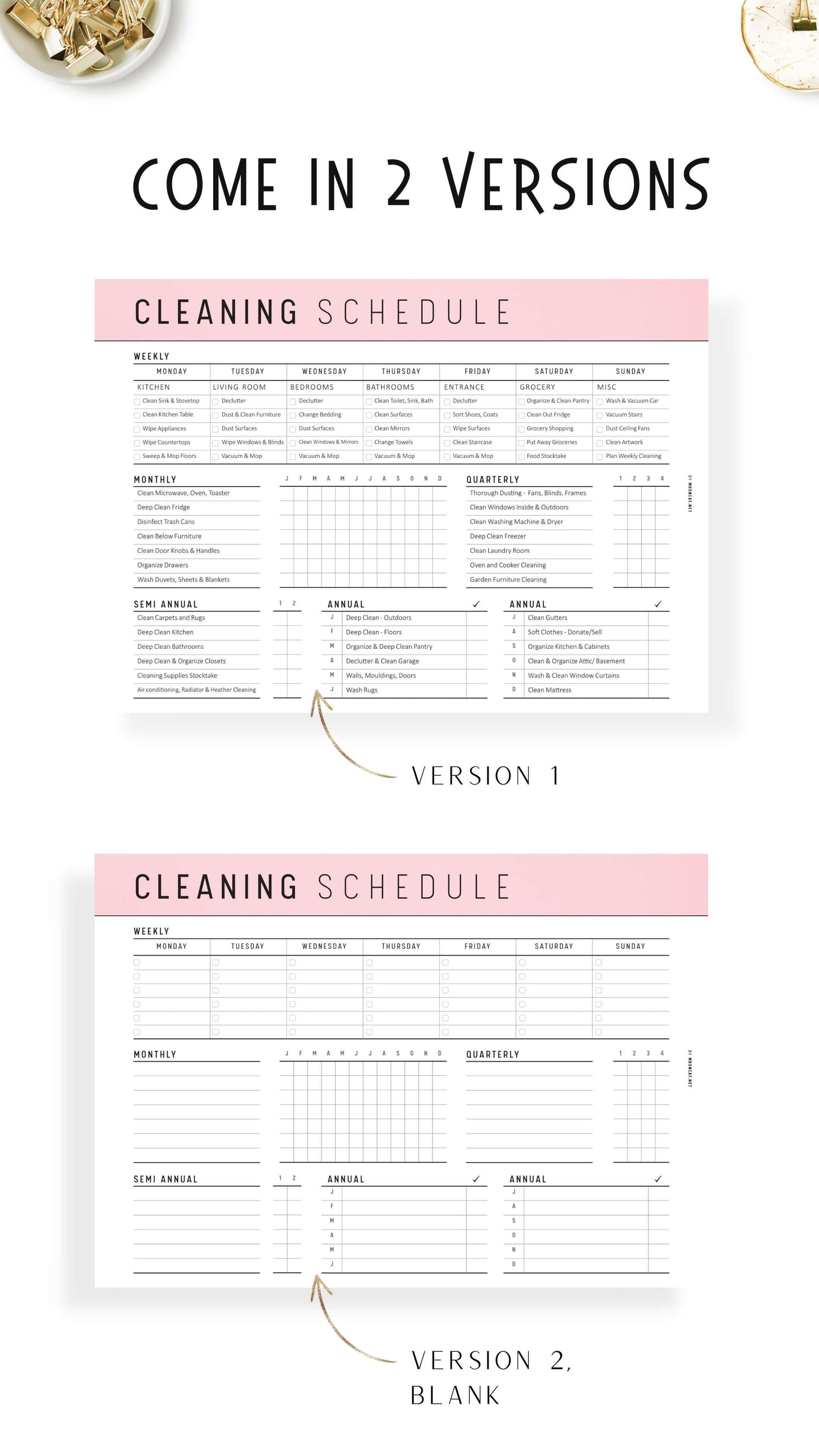 2 versions Printable Cleaning Schedule Template PDF