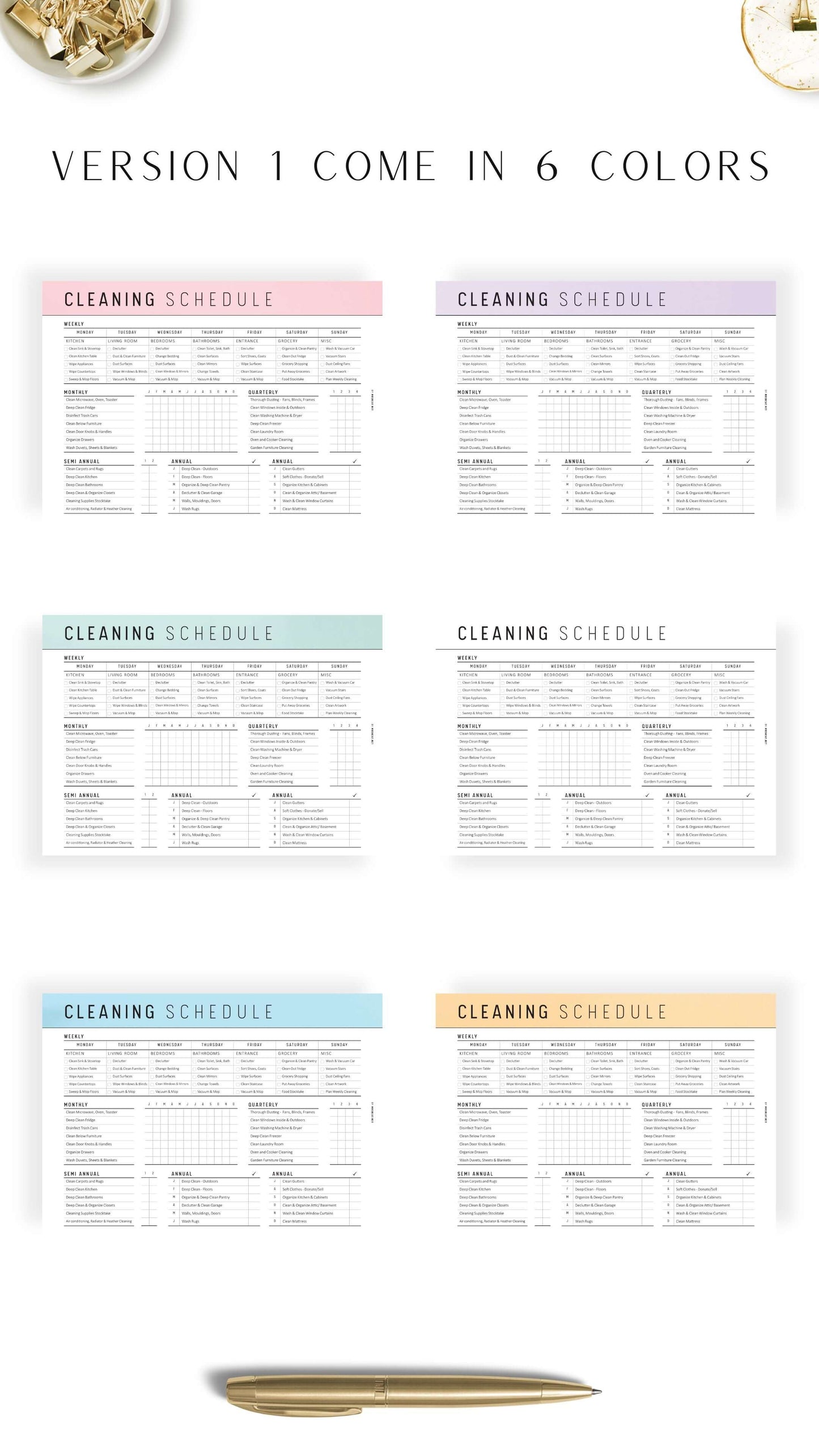 6 colors Printable Cleaning Schedule Template PDF