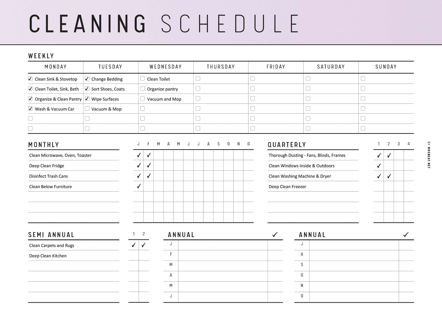 Cleaning schedule calendar with checkboxes for daily, weekly, monthly, quarterly, semi-annual, and annual tasks.