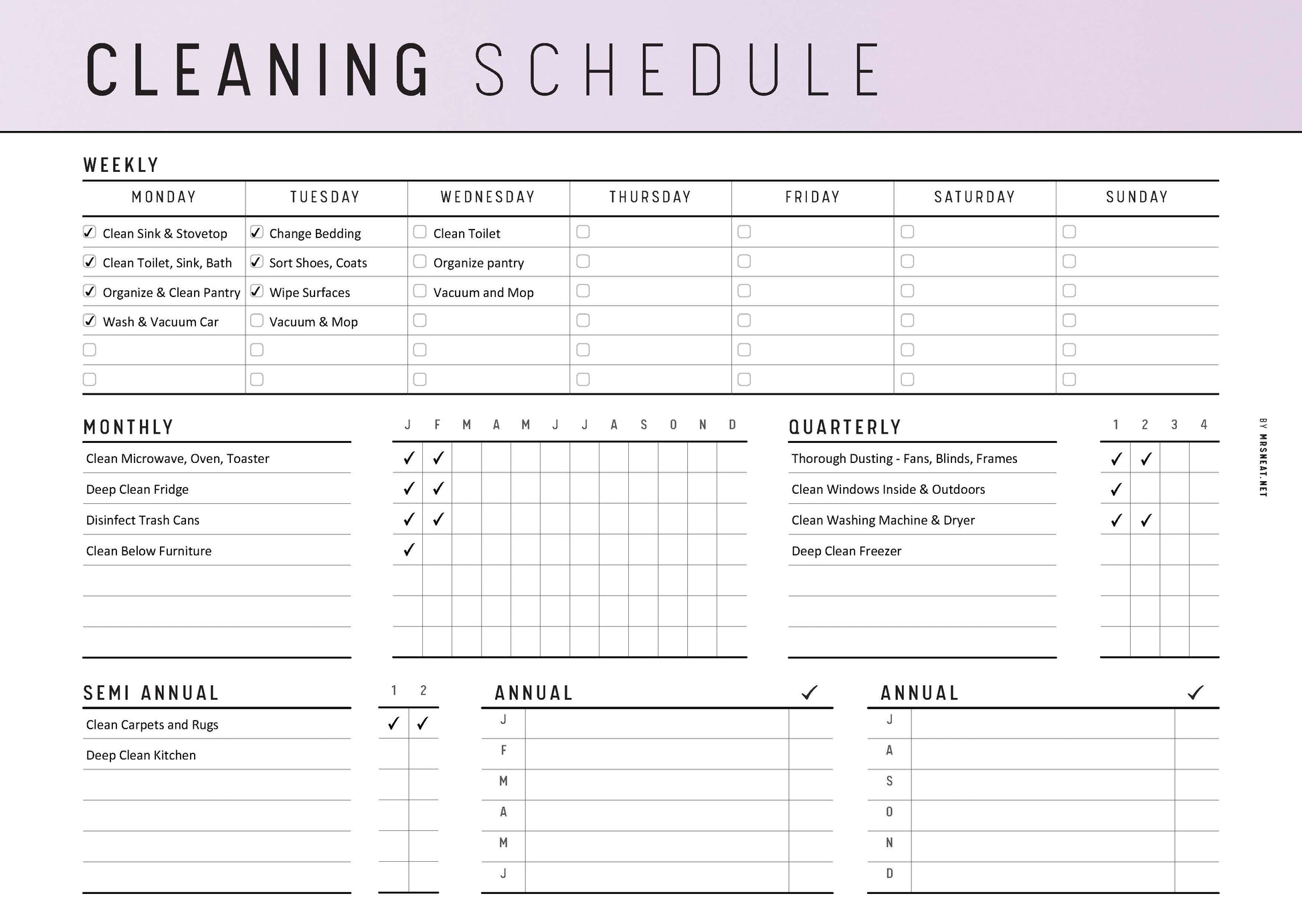 Cleaning schedule calendar with checkboxes for daily, weekly, monthly, quarterly, semi-annual, and annual tasks.