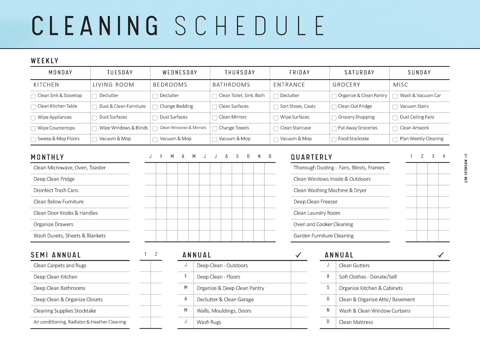 Cleaning schedule with weekly, monthly, semi-annual, and annual tasks listed.
