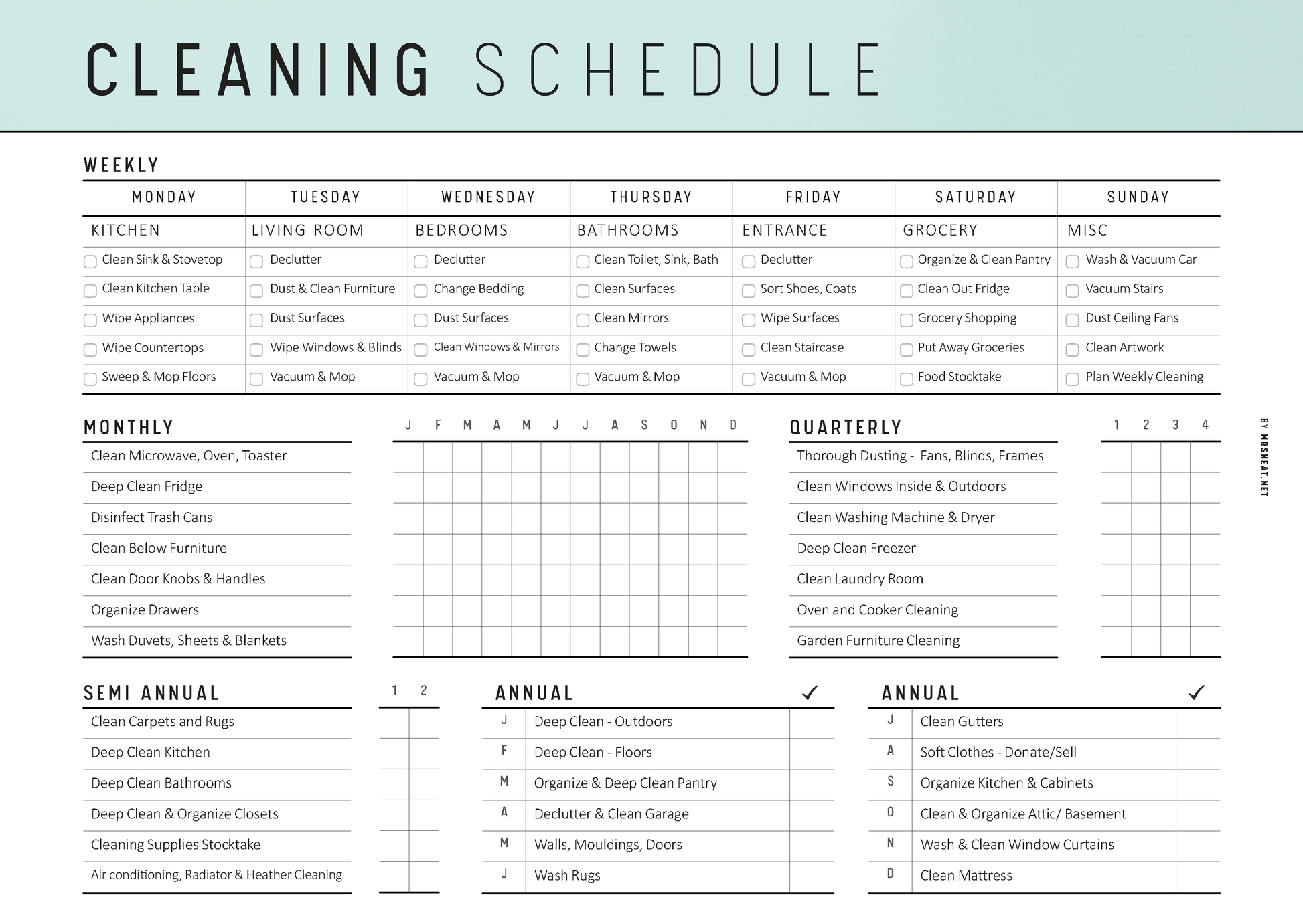 Cleaning schedule with tasks listed for weekly, monthly, semi-annual, and annual cleaning.