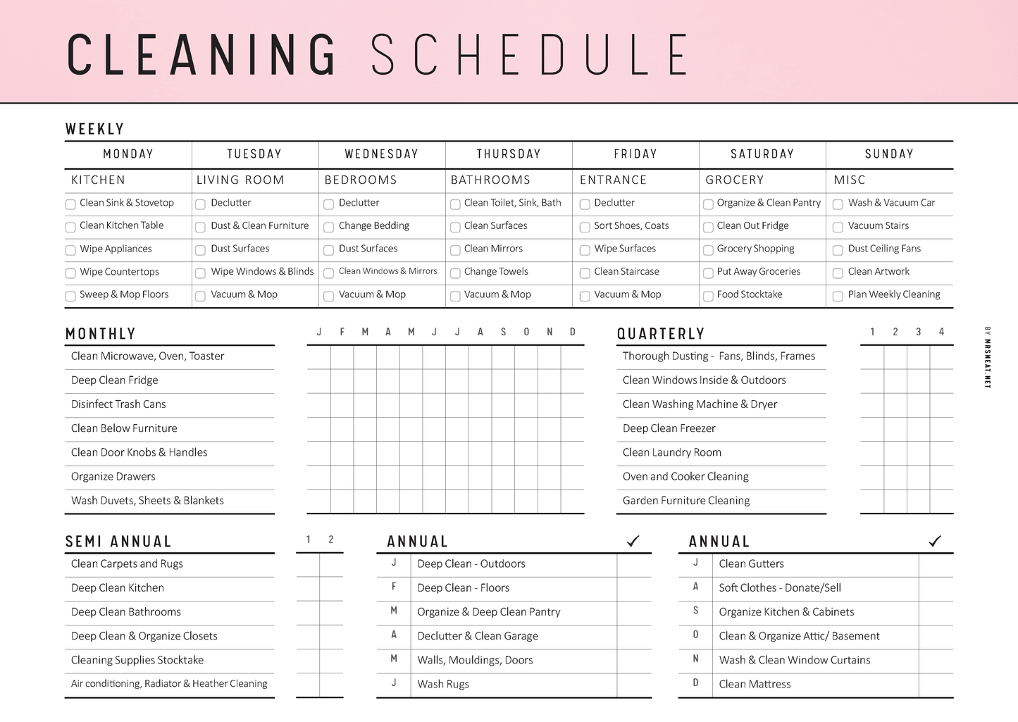 Cleaning schedule with tasks listed for different days of the week, months, and years.
