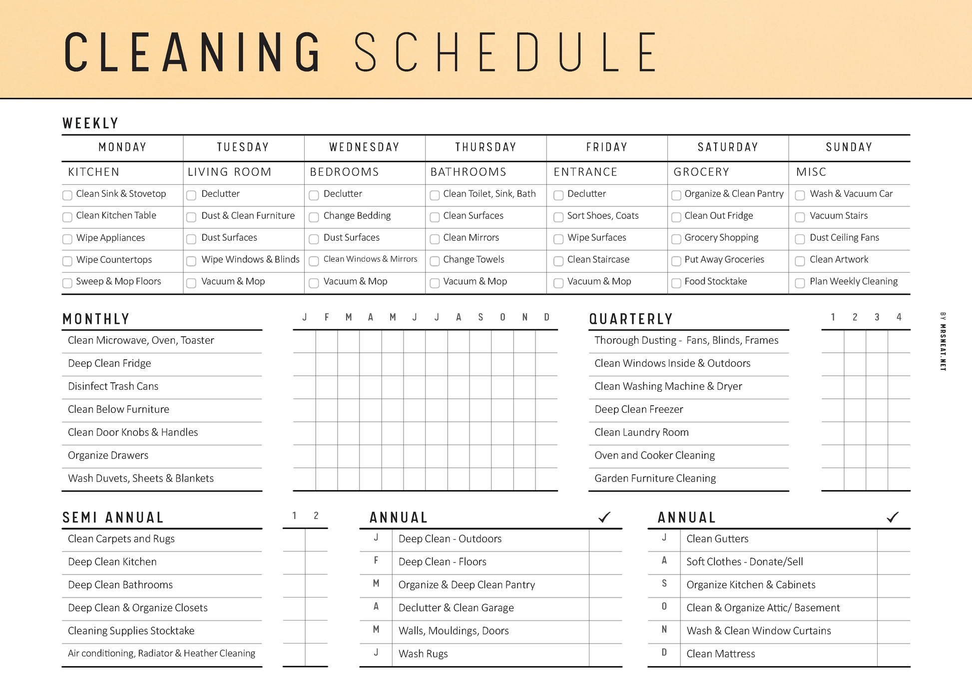 Cleaning schedule with weekly, monthly, semi-annual, and annual tasks listed.