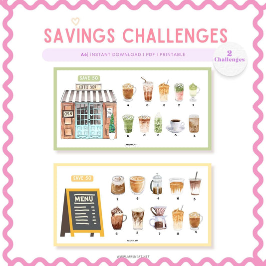 Kawaii set of two coffee fund savings challenge printable A6 digital download