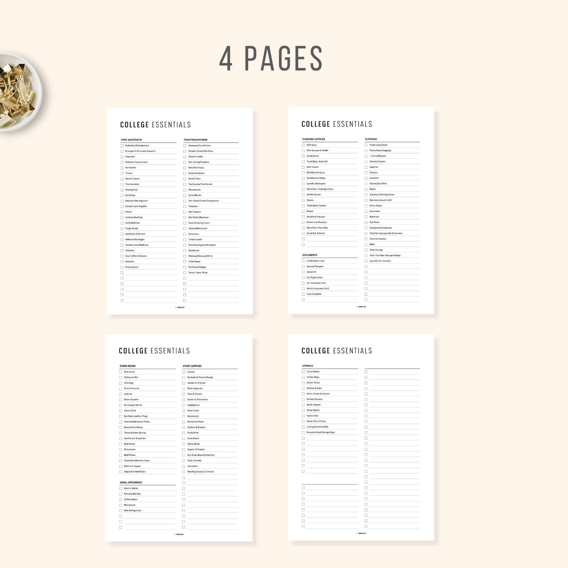 4 Pages Colorful & Minimalist Editable College Dorm Essentials Checklist Printable