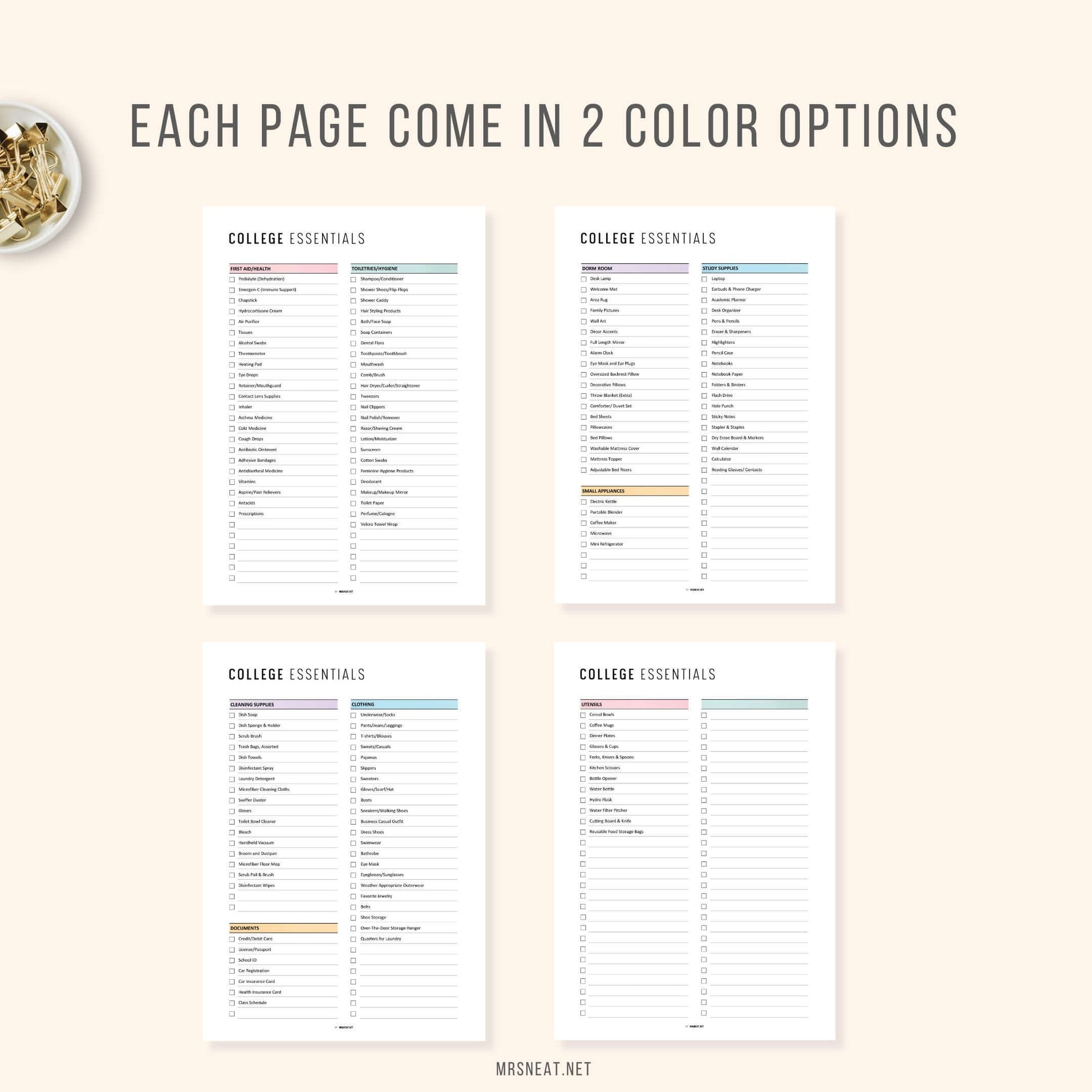 Colorful Editable College Dorm Essentials Checklist Printable