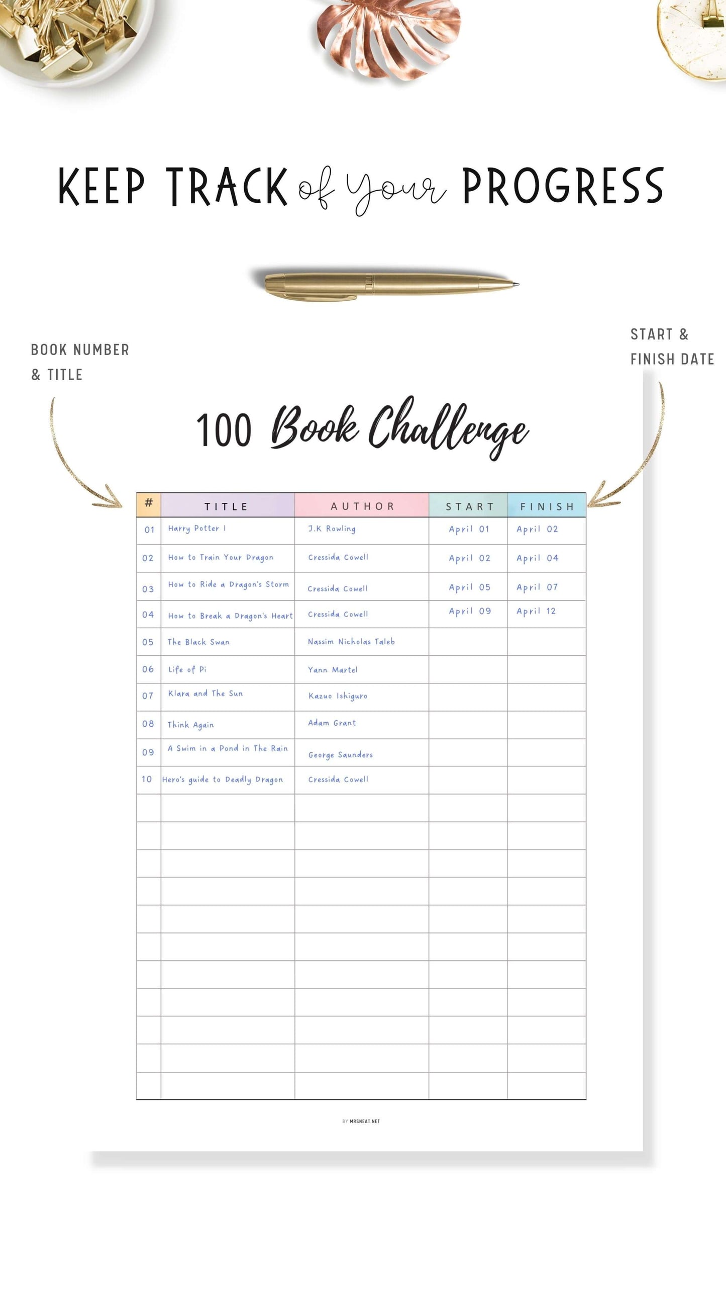 Colorful 100 Book Challenge Template Printable
