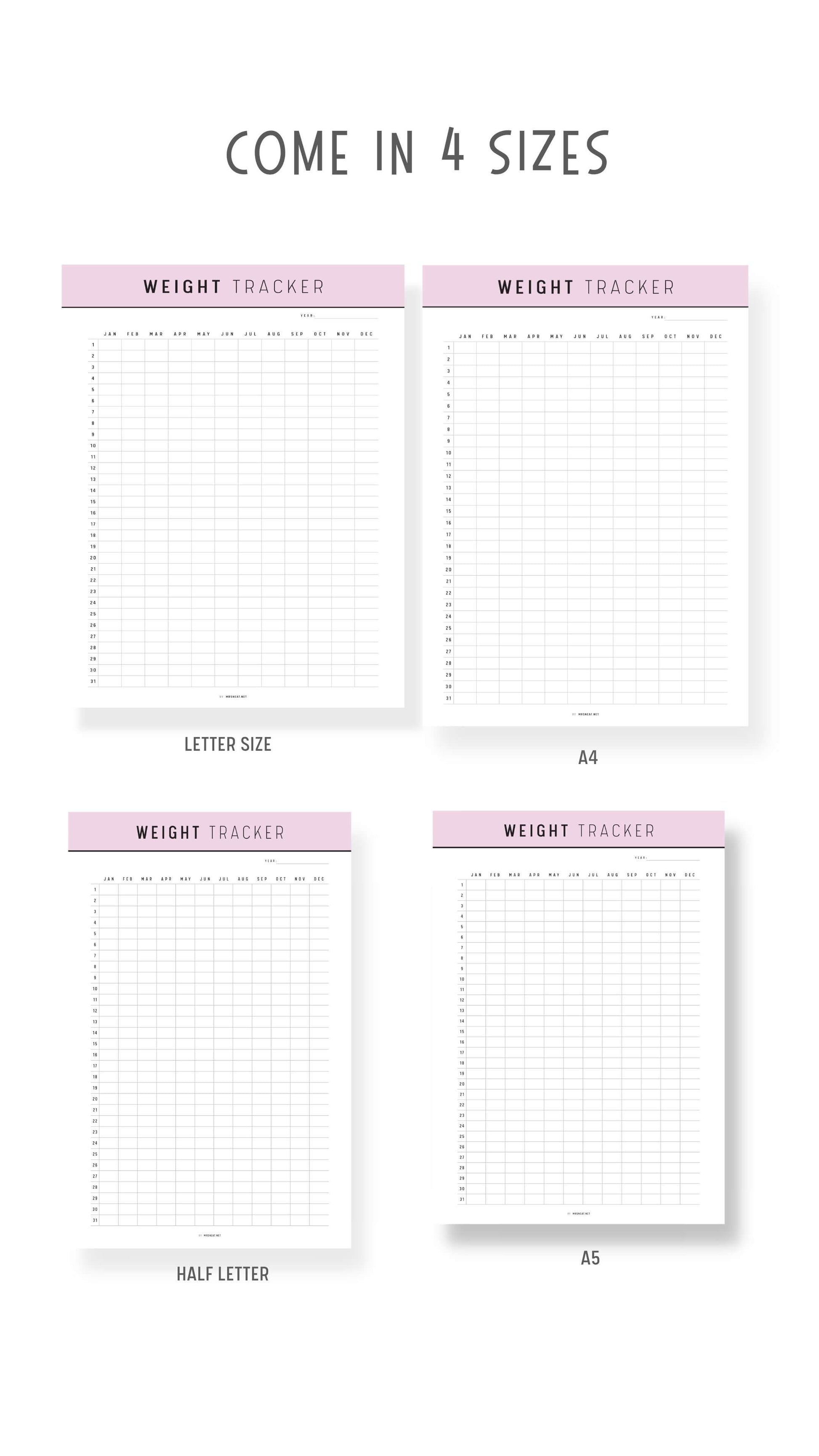 A4, A5, Letter, Half Letter 365 Day Weight Loss Tracker