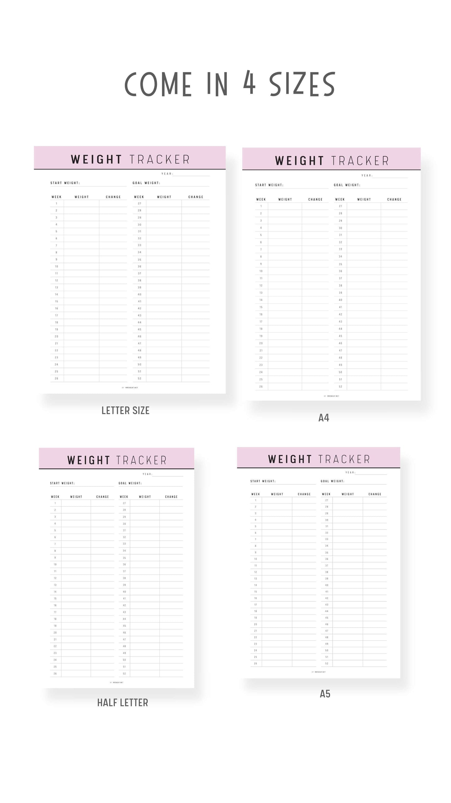A4, A5, Letter, Half Letter 52 Week Weight Loss Tracker Printable