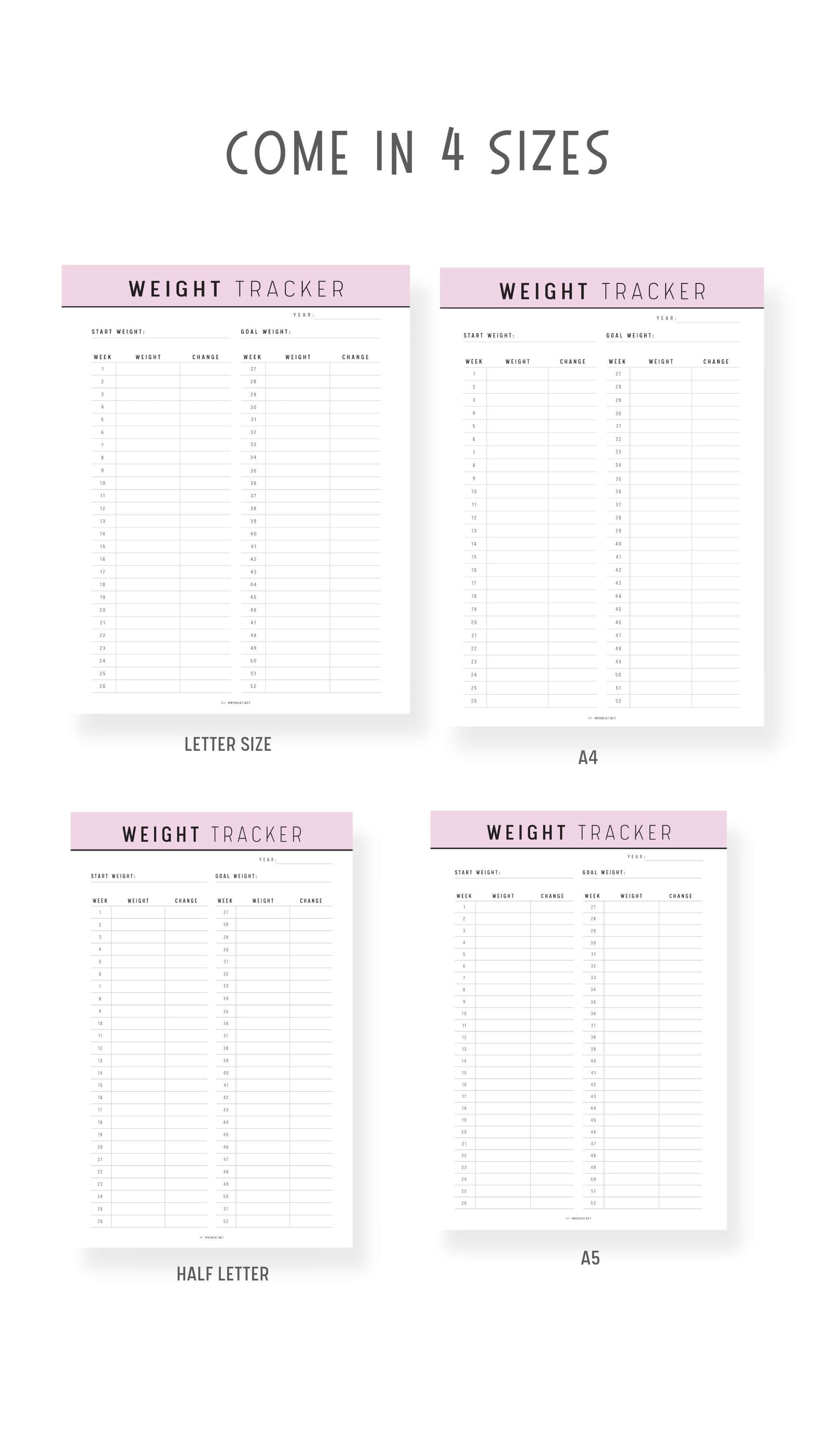 A4, A5, Letter, Half Letter 52 Week Weight Loss Tracker Printable