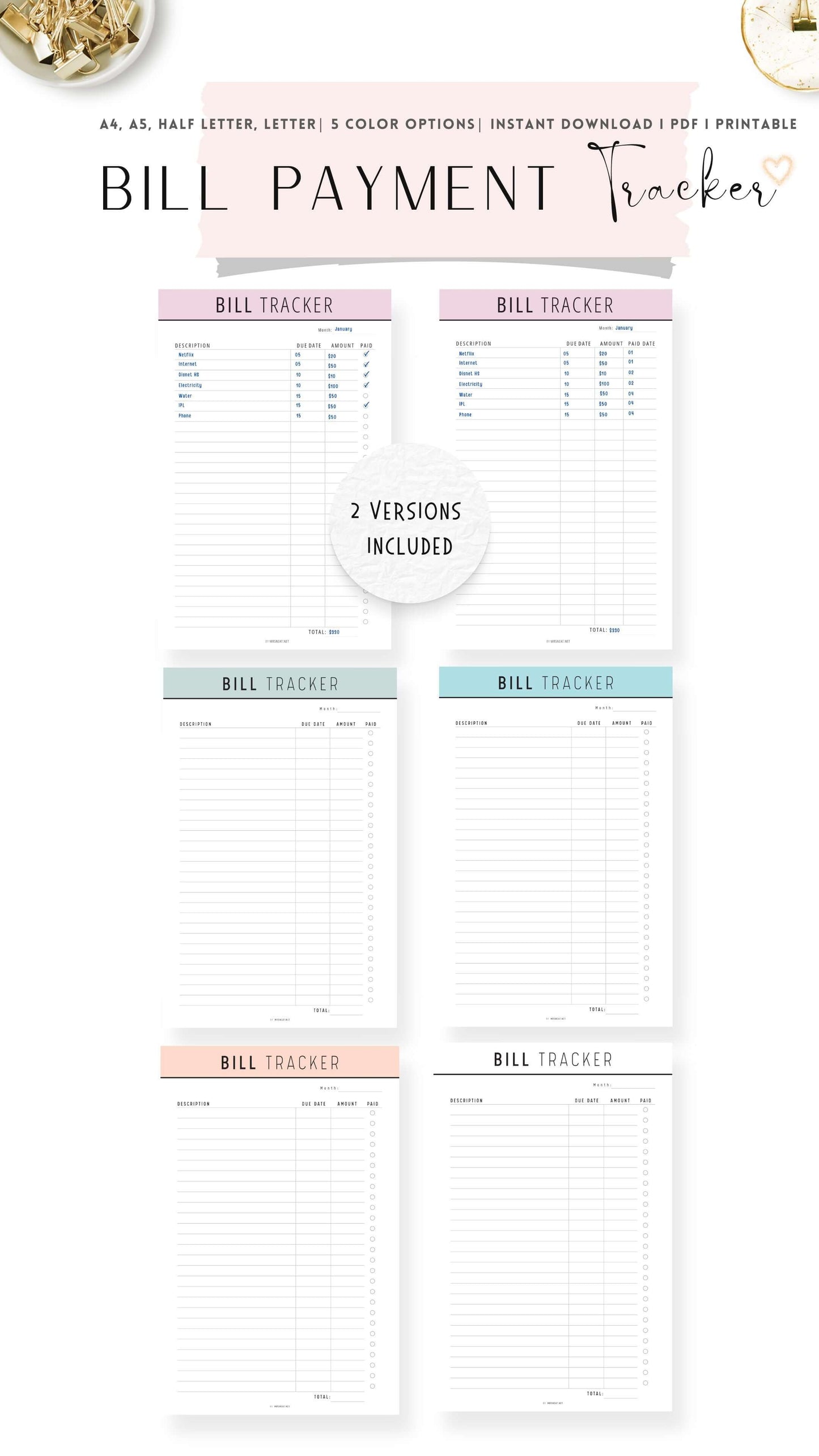 Colorful Bill Payment Tracker Printable