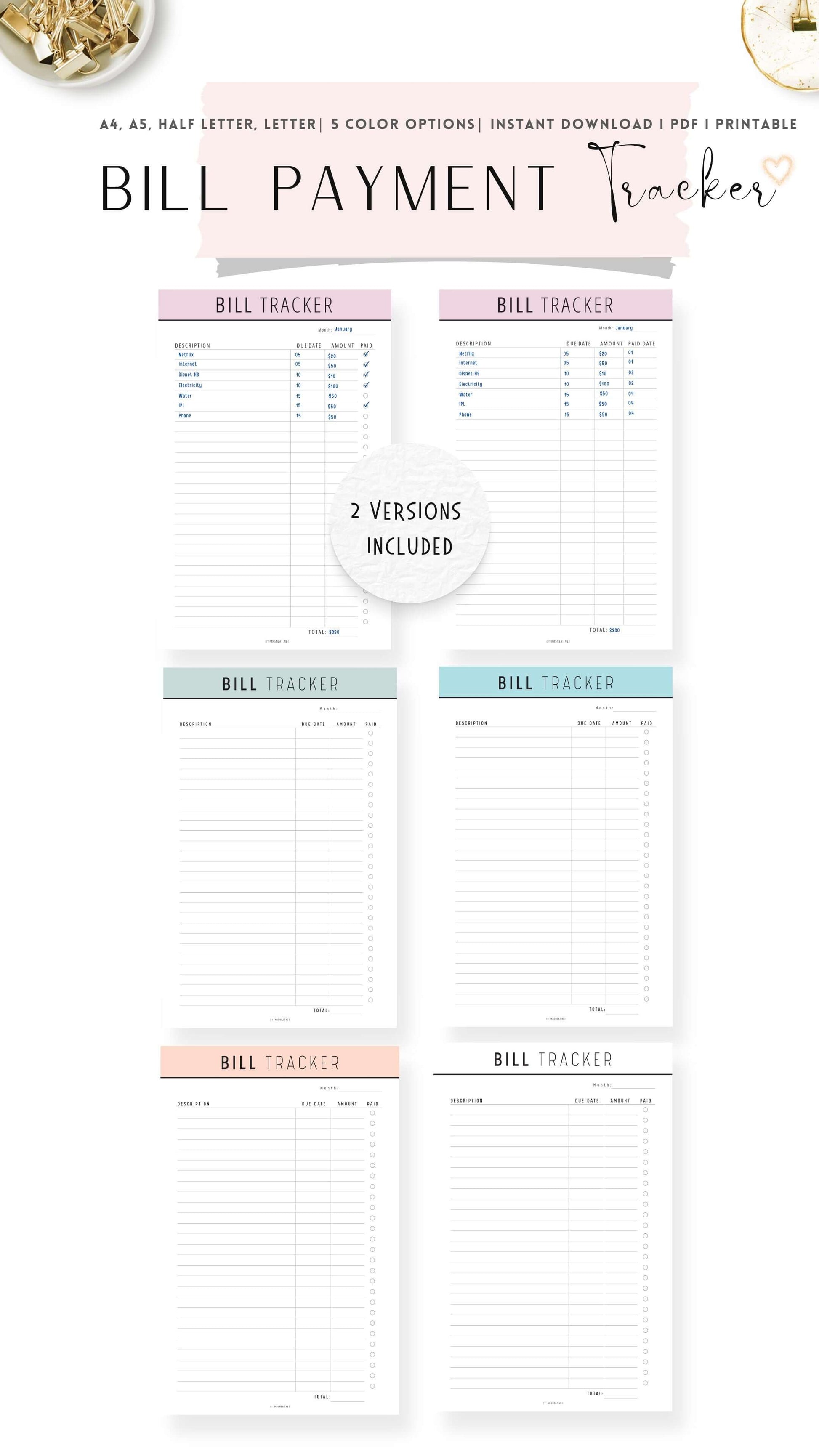 Colorful Bill Payment Tracker Printable