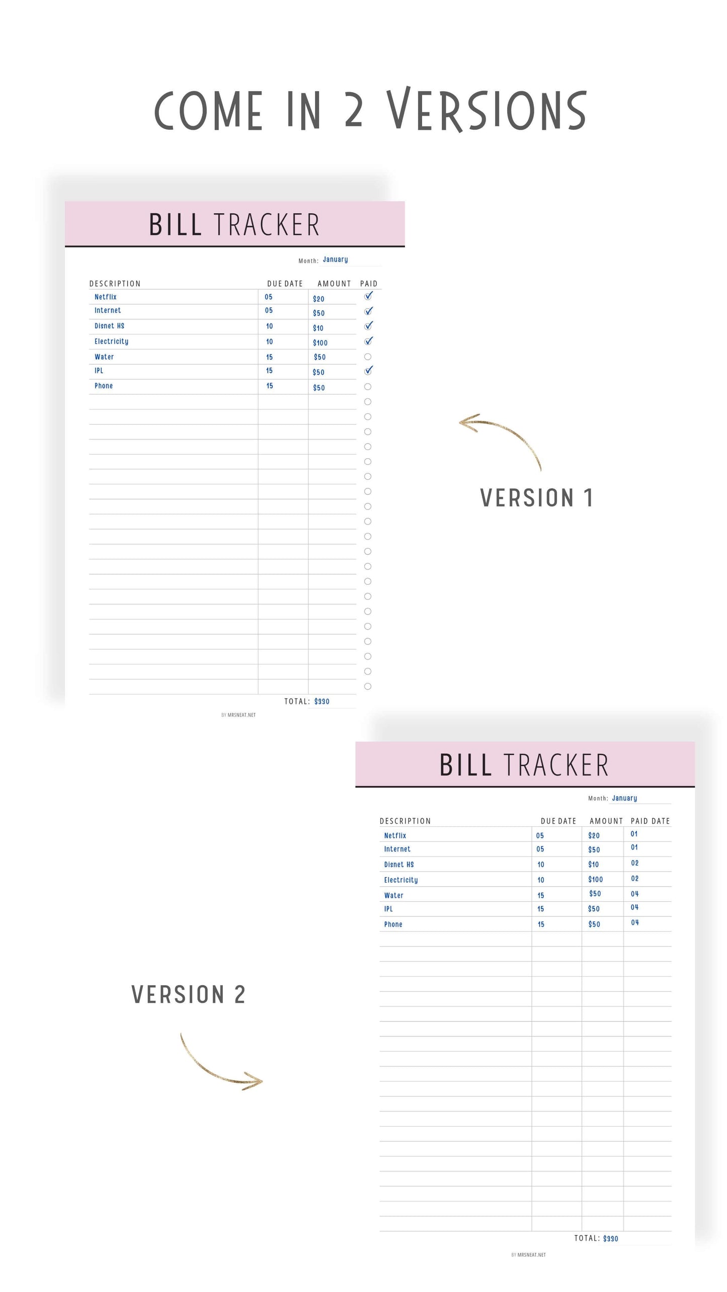 2 versions Bill Payment Tracker Printable