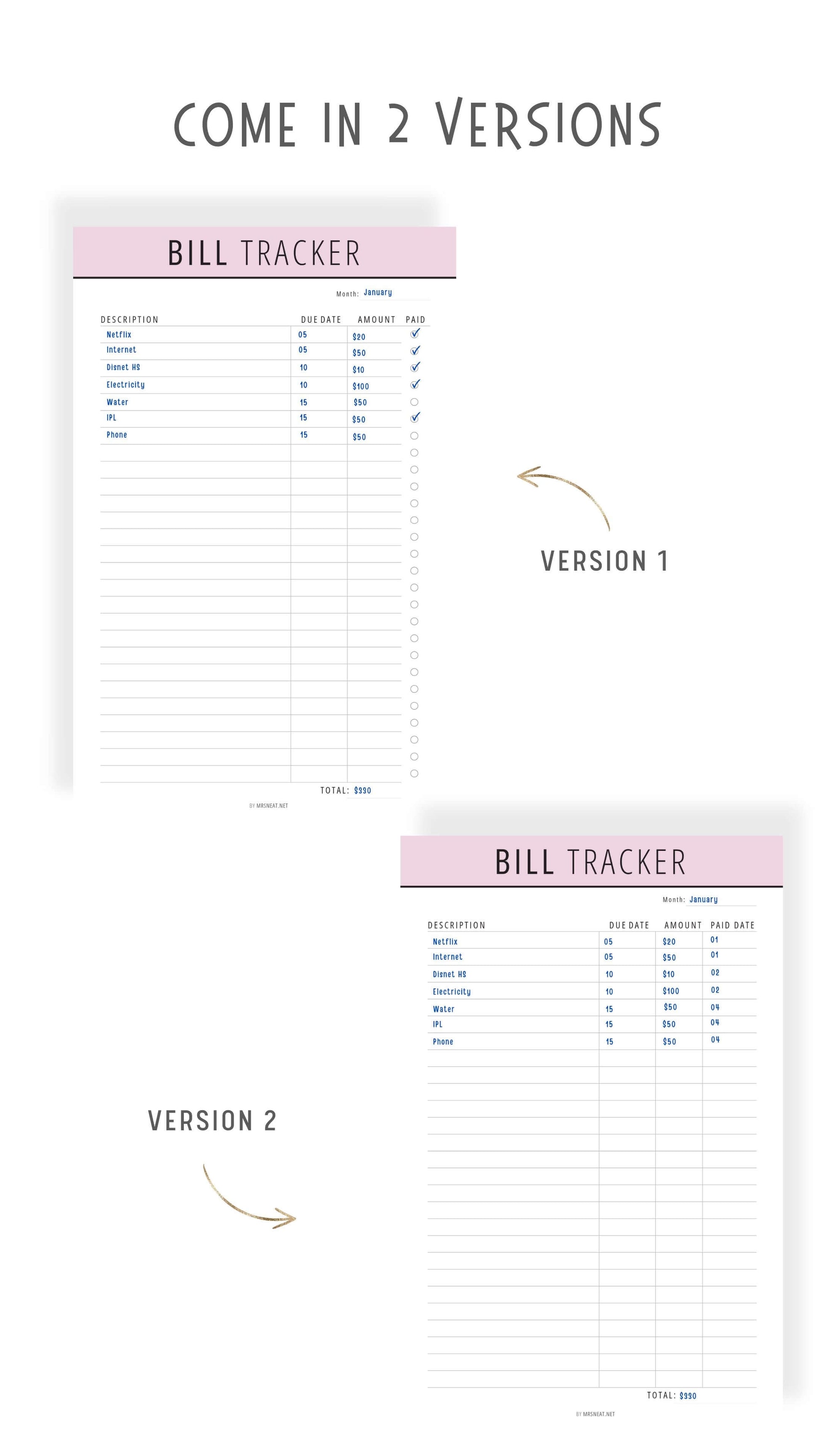 2 versions Bill Payment Tracker Printable