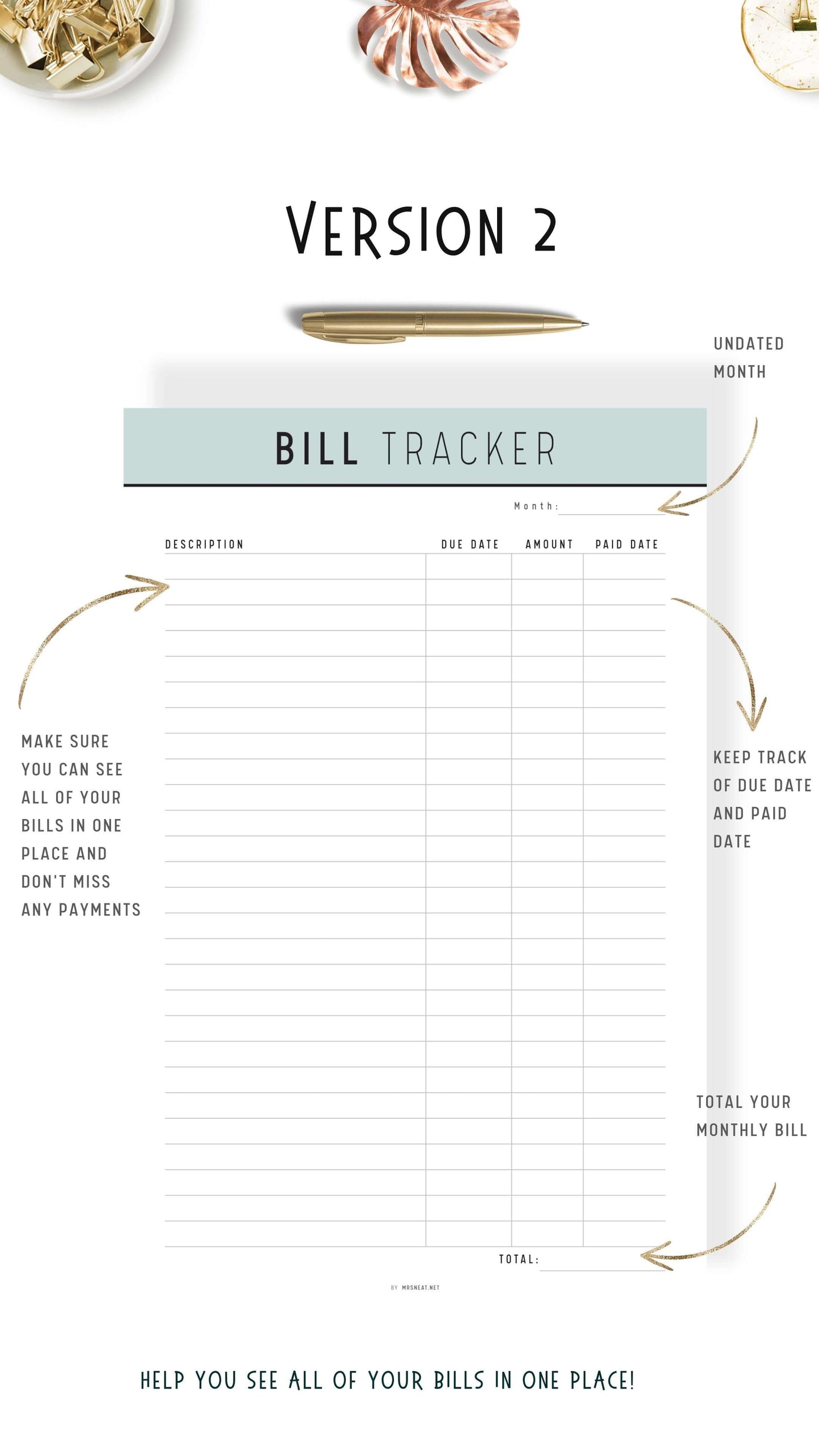 Version 2, Green Bill Payment Tracker Printable