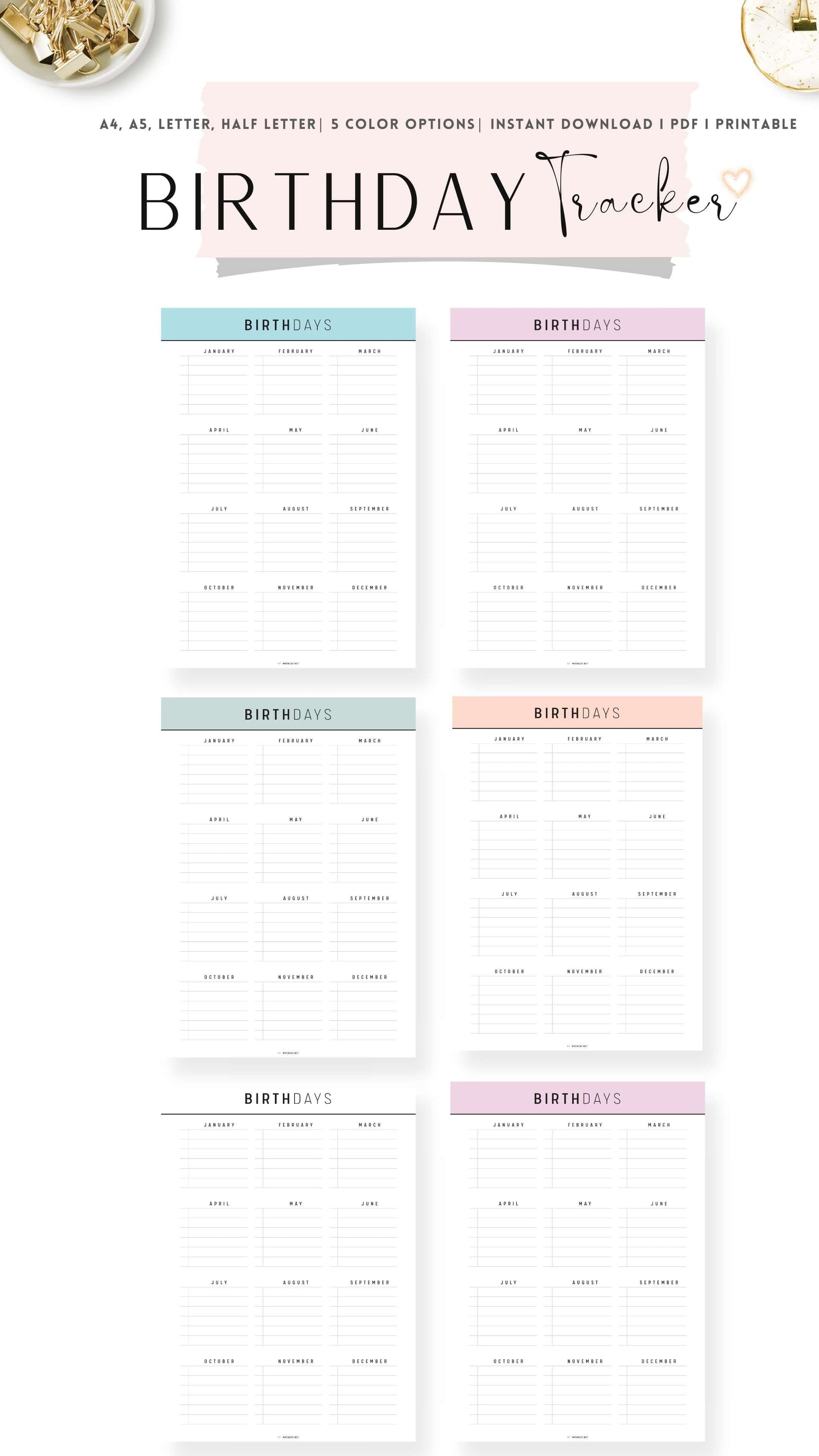 Colorful Birthday Tracker Template Printable