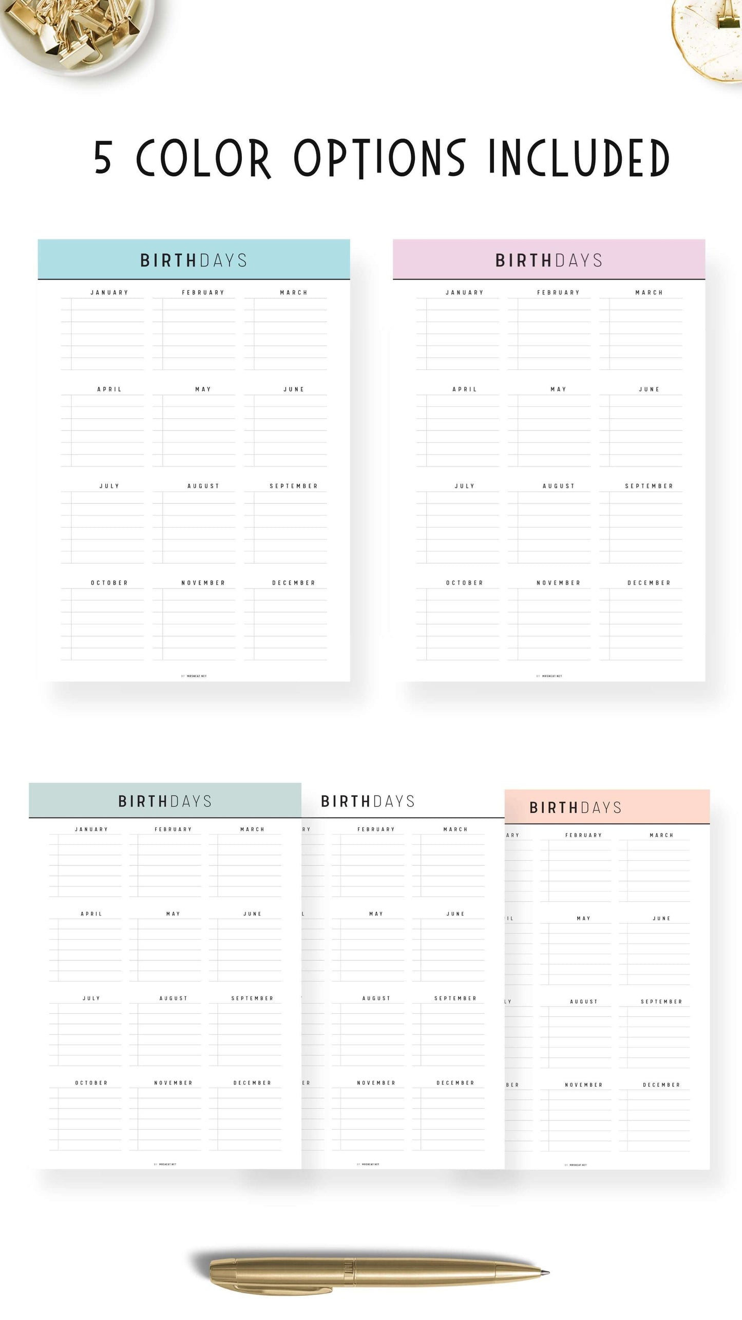 5 colors Birthday Tracker Template Printable