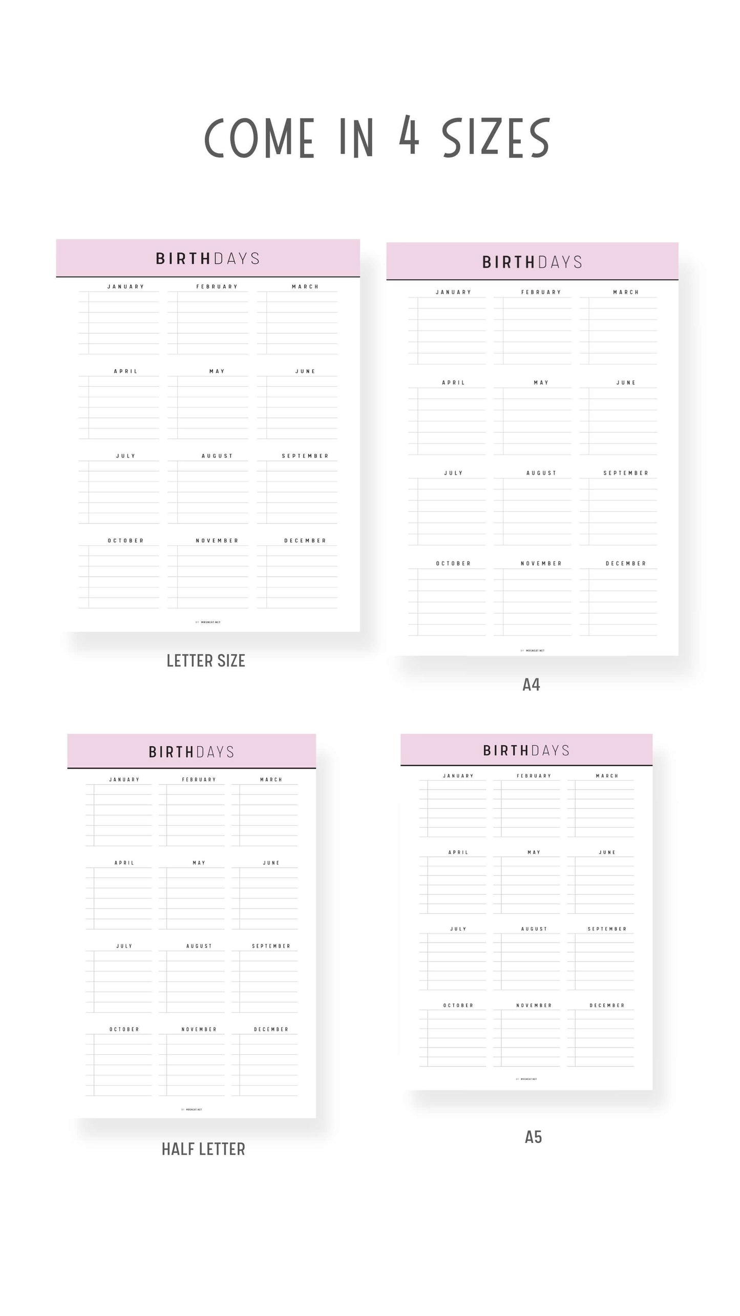 A4, A5, Letter, Half Letter Birthday Tracker Template Printable