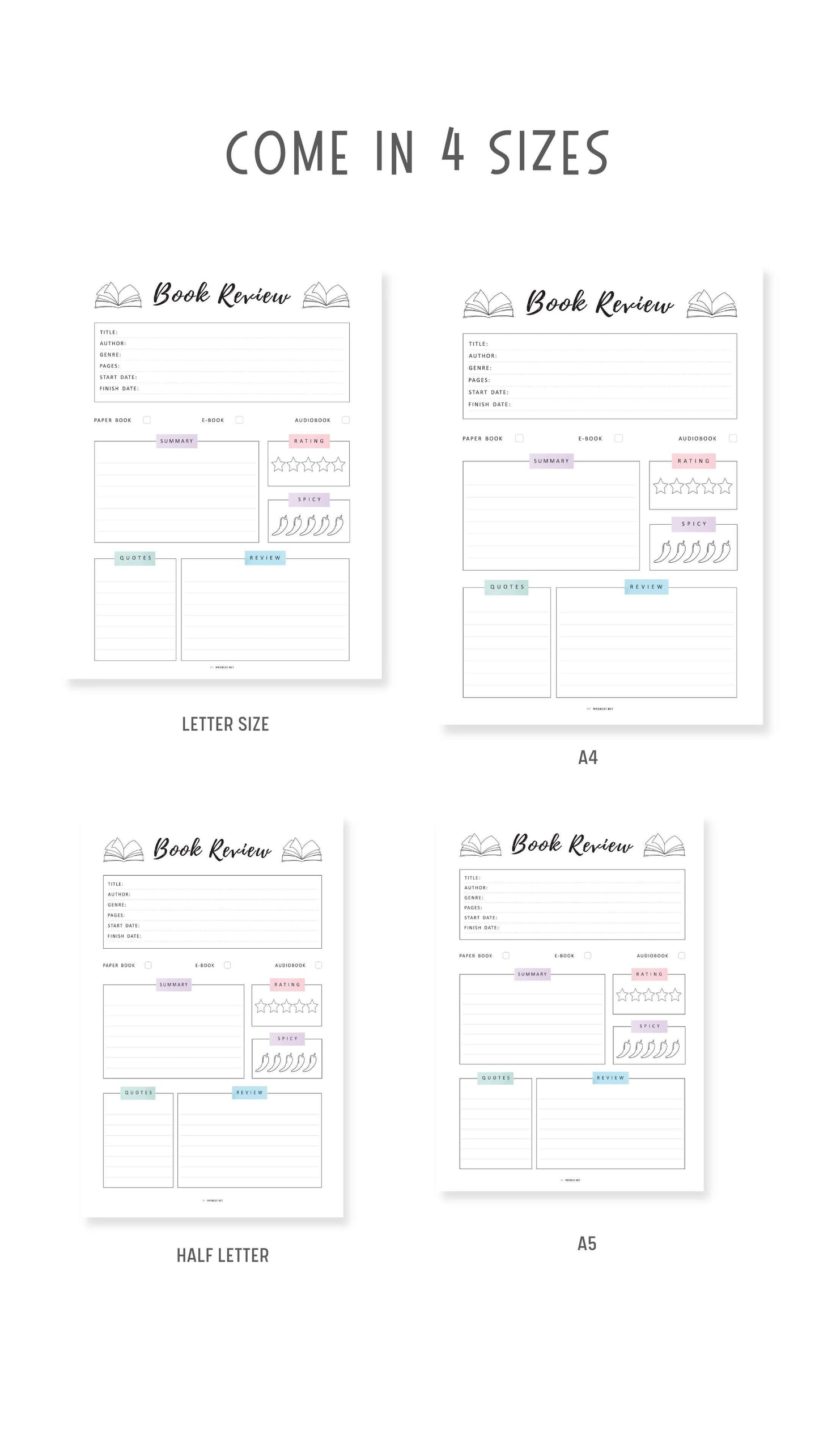 A4, A5, Letter, Half Letter Colorful Book Review Template Printable