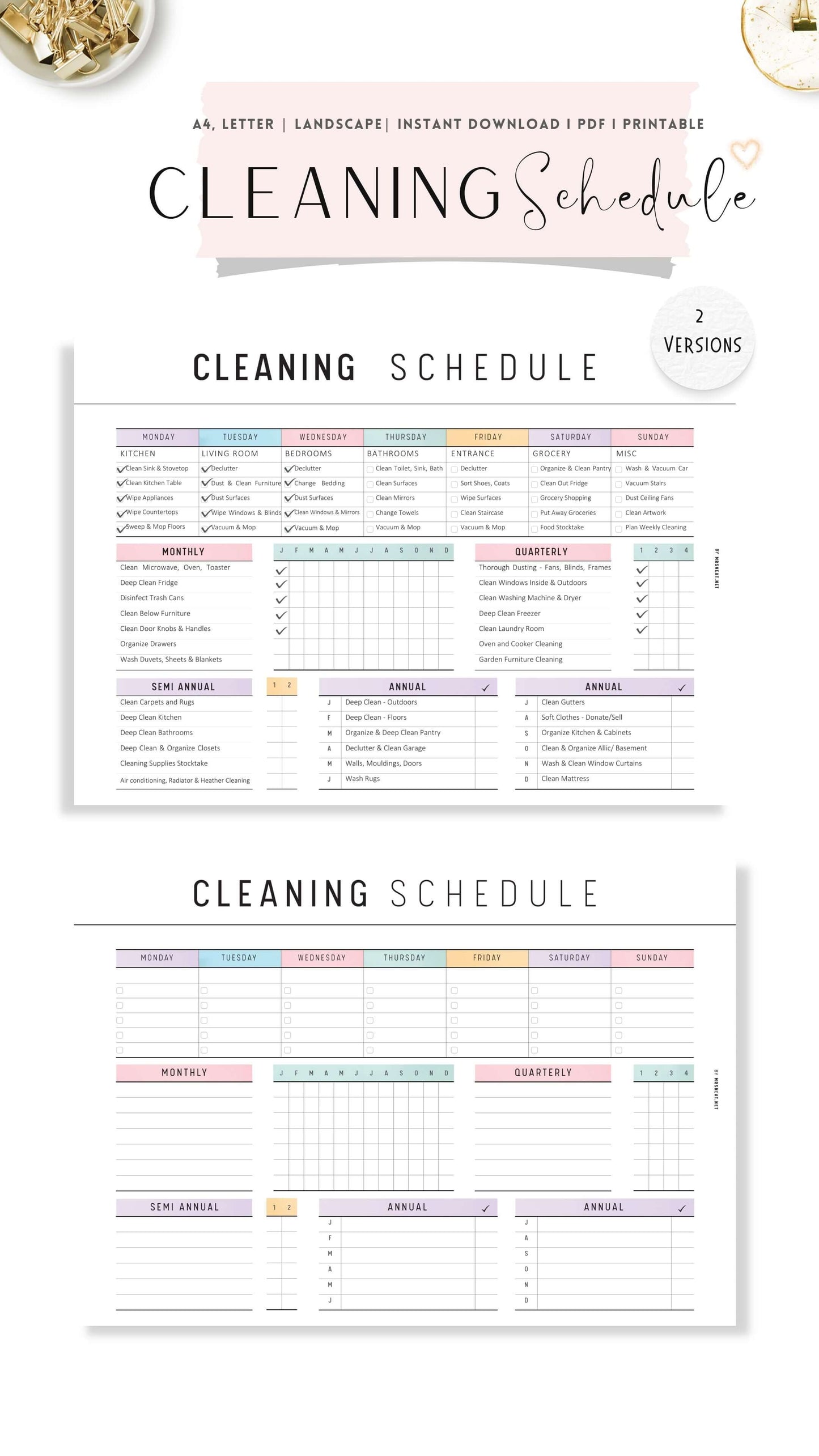 2 versions Colorful Cleaning Schedule Template