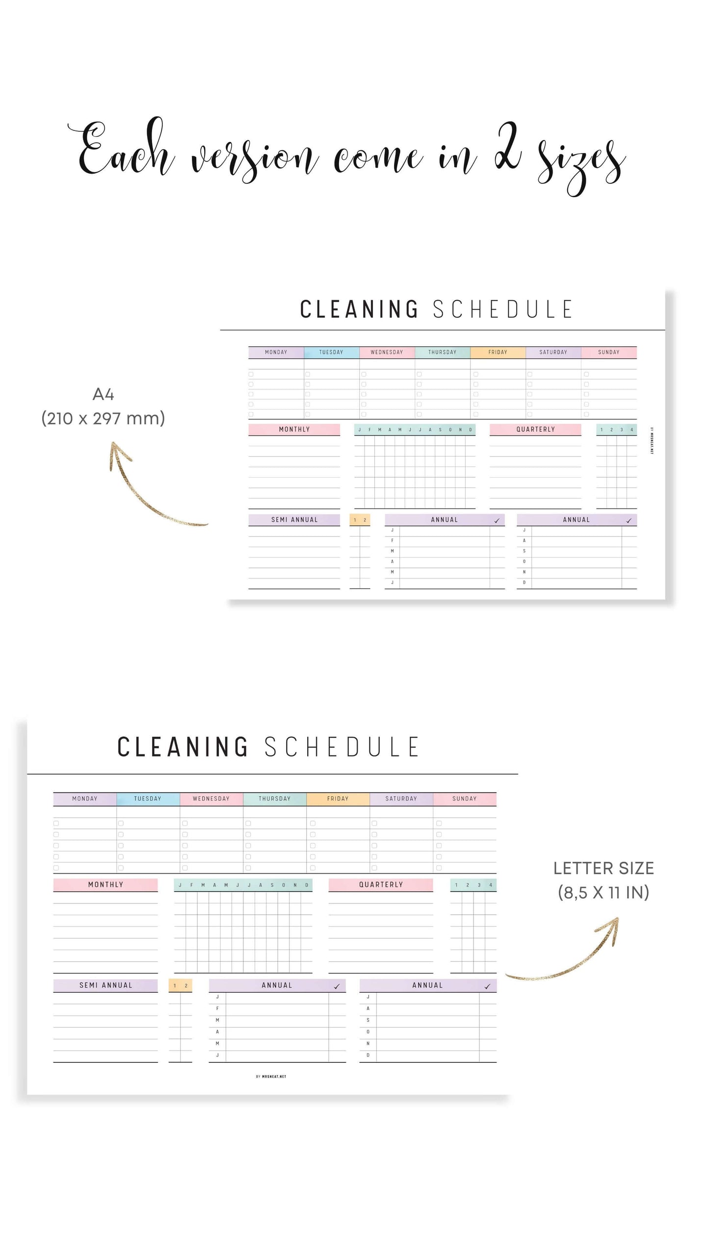 A4, Letter Colorful Cleaning Schedule Template