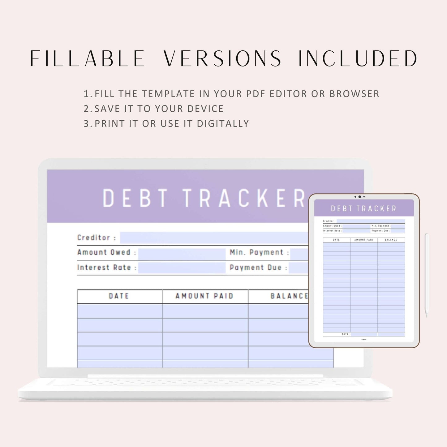 Debt Payment Tracker Template Printable, Digital Debt Tracker Planner, Printable Inserts, A4, A5, Letter, Half Letter, Debt Tracker PDF Fillable, 10 color options, Beautiful and colorful Debt Tracker Page