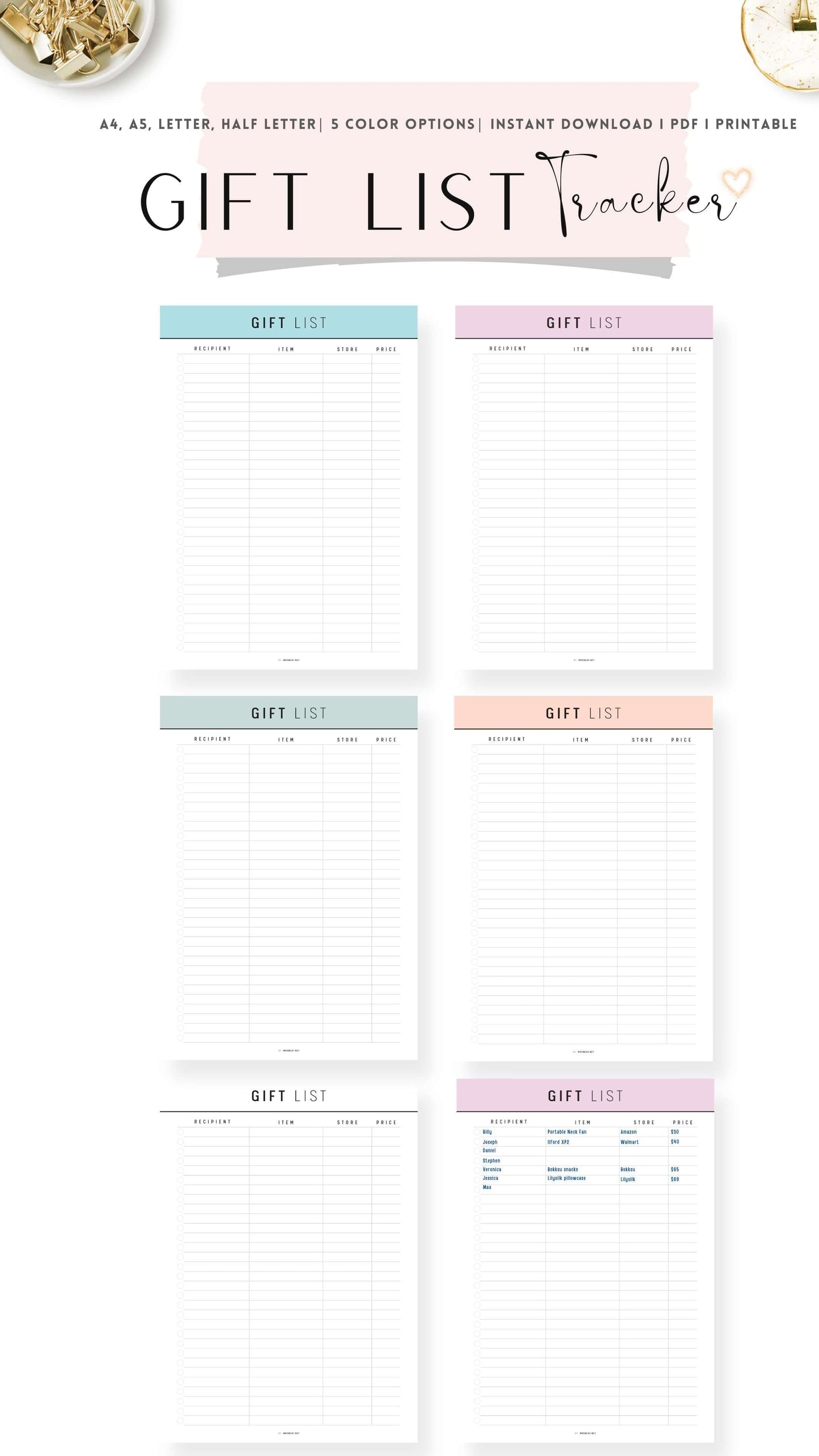 Colorful Gift List Template Printable