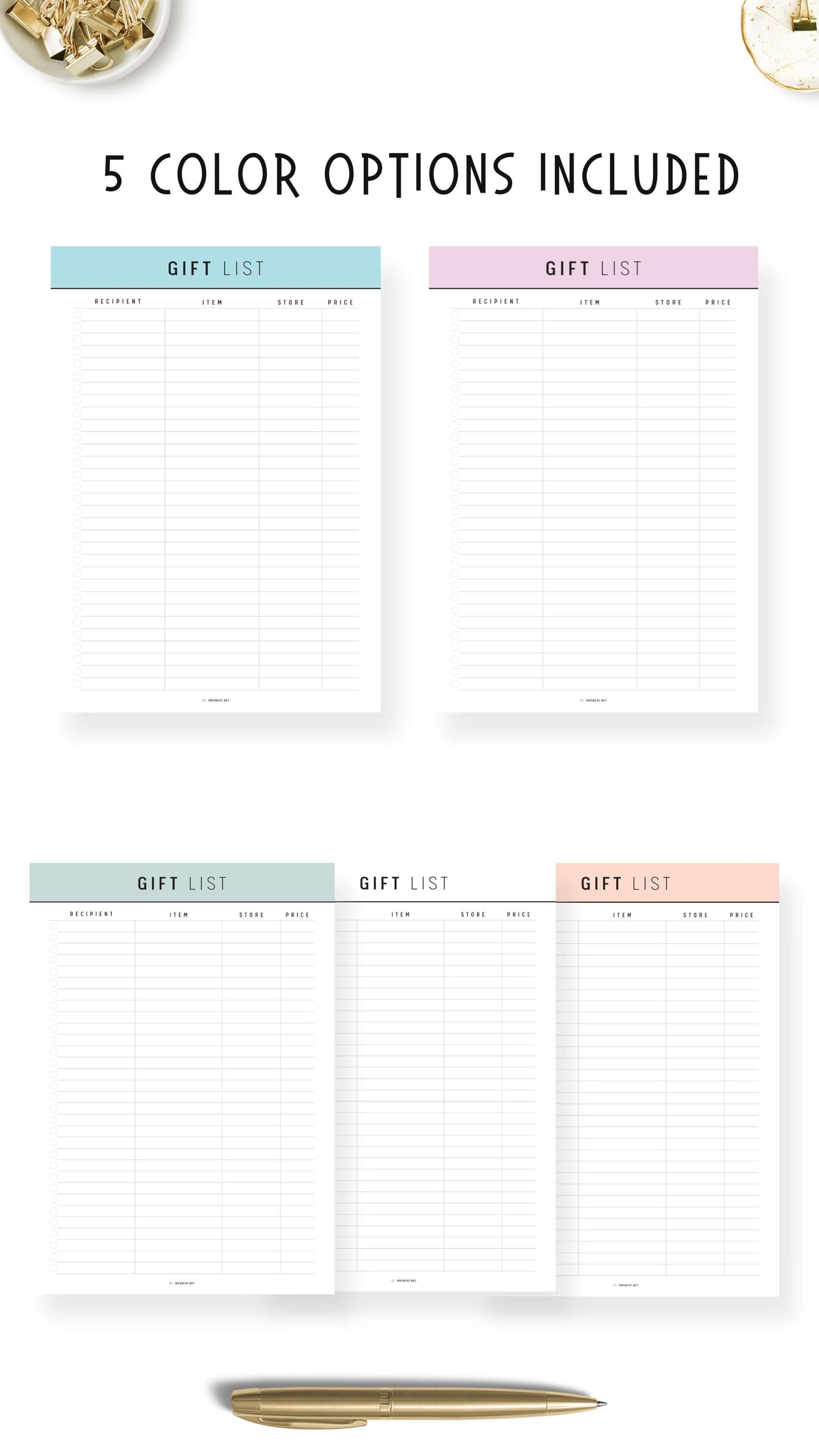 5 colors Gift List Template for Birthday