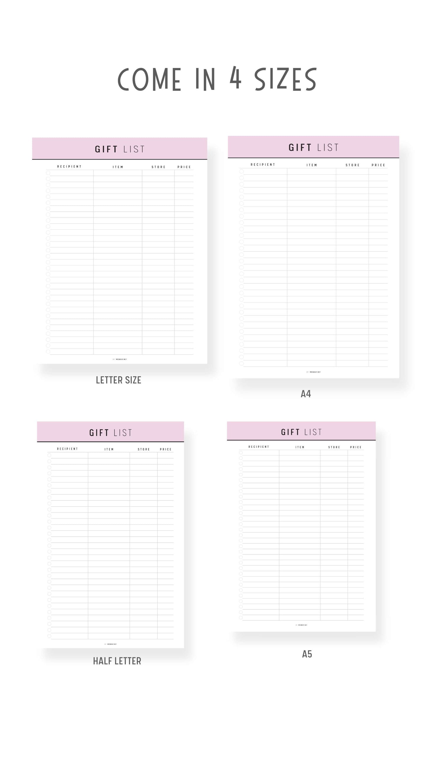 A4, A5, letter, Half Letter Gift List Template for Baby Shower