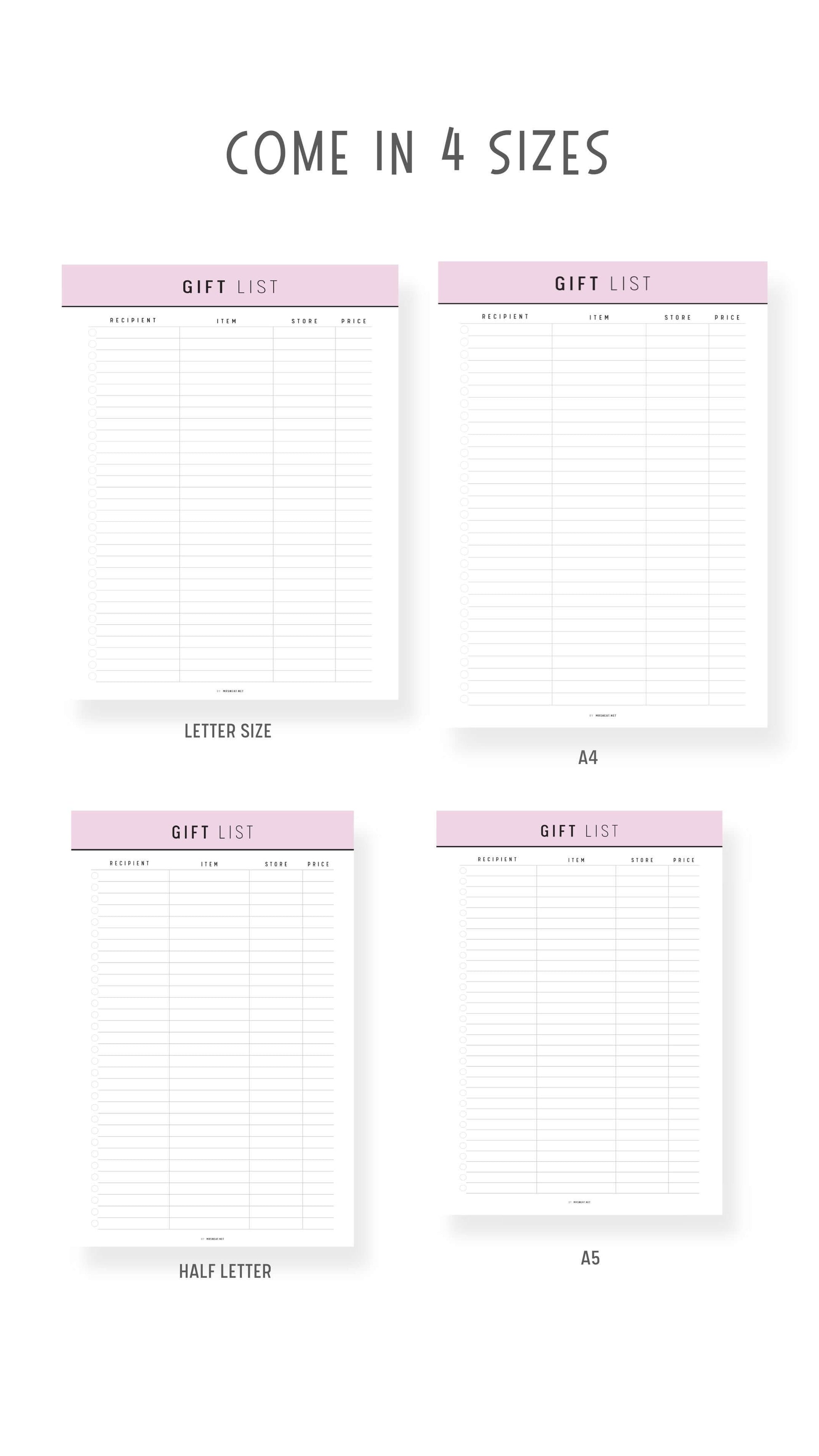 A4, A5, letter, Half Letter Gift List Template for Baby Shower