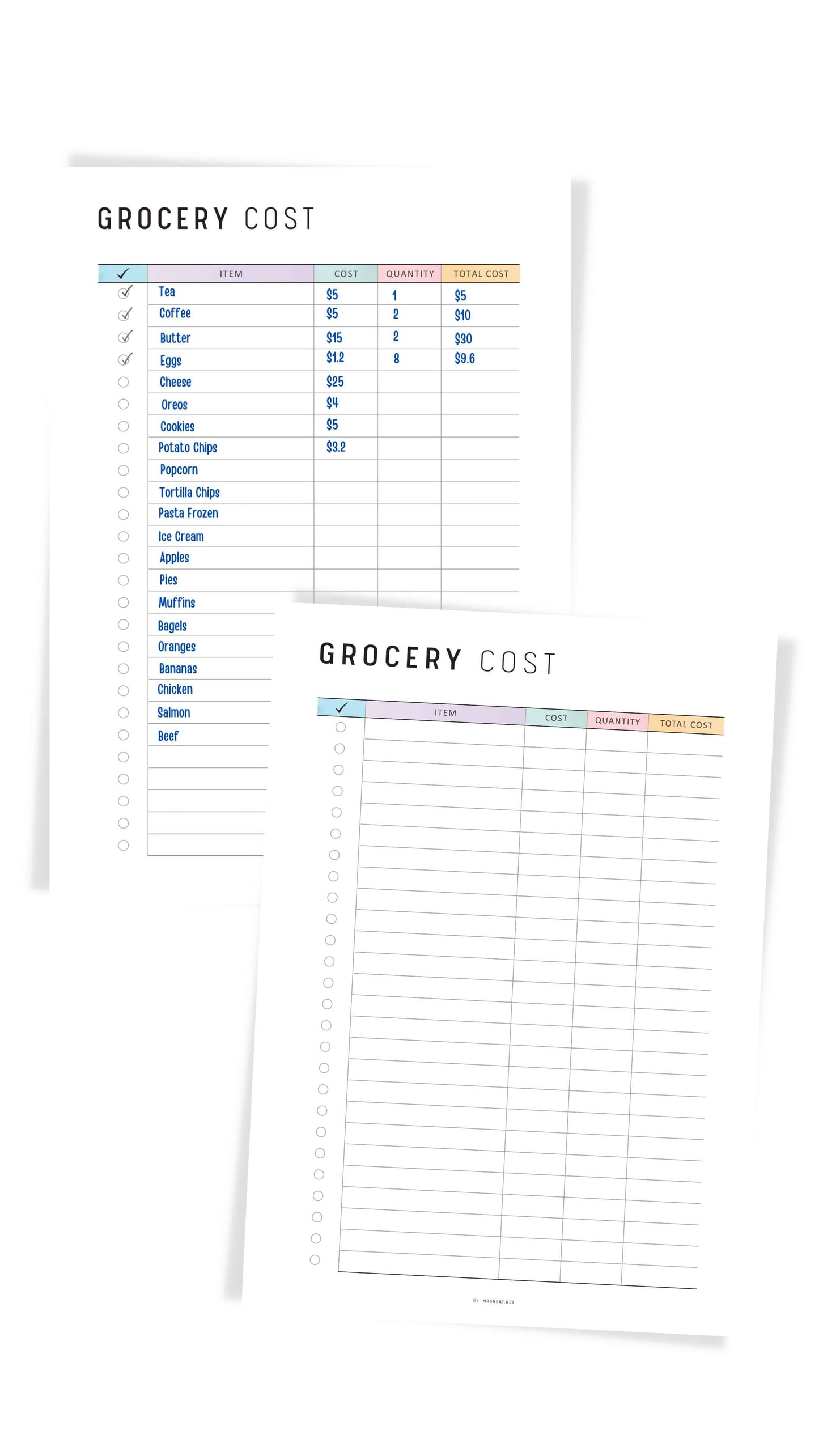 Monthly Grocery Cost Planner Printable