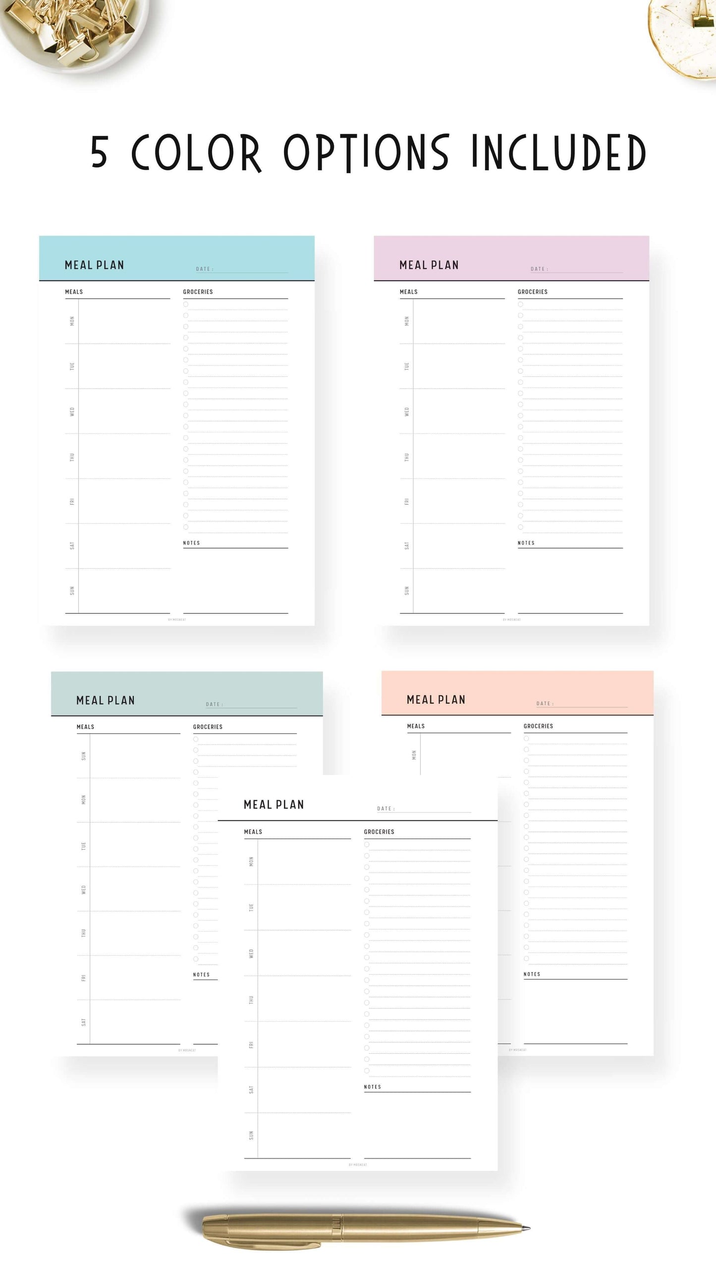 5 colors Weekly Meal Plan with Grocery List Template