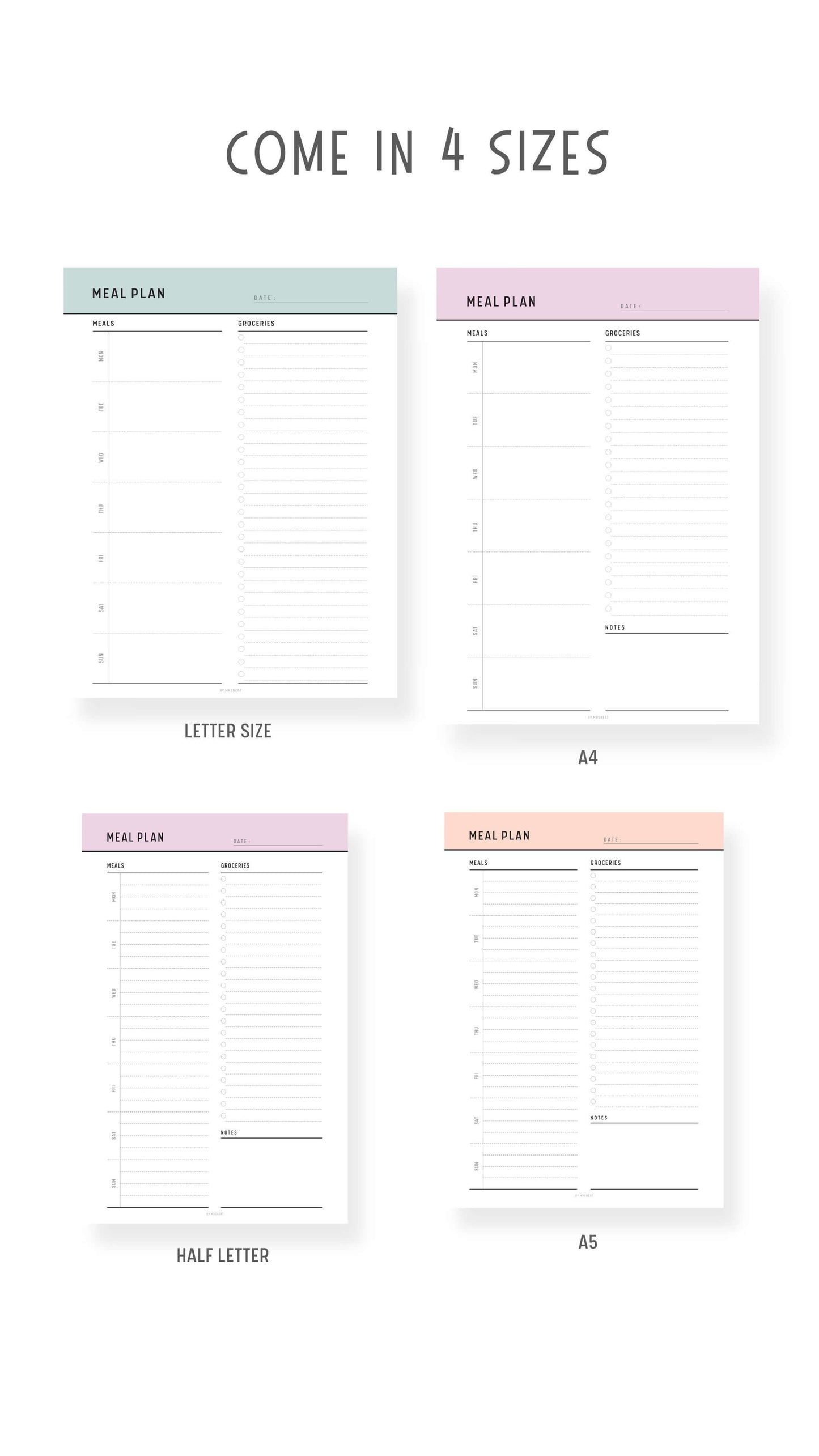 A4, A5, Letter, Half Letter Weekly Meal Plan with Grocery List Template