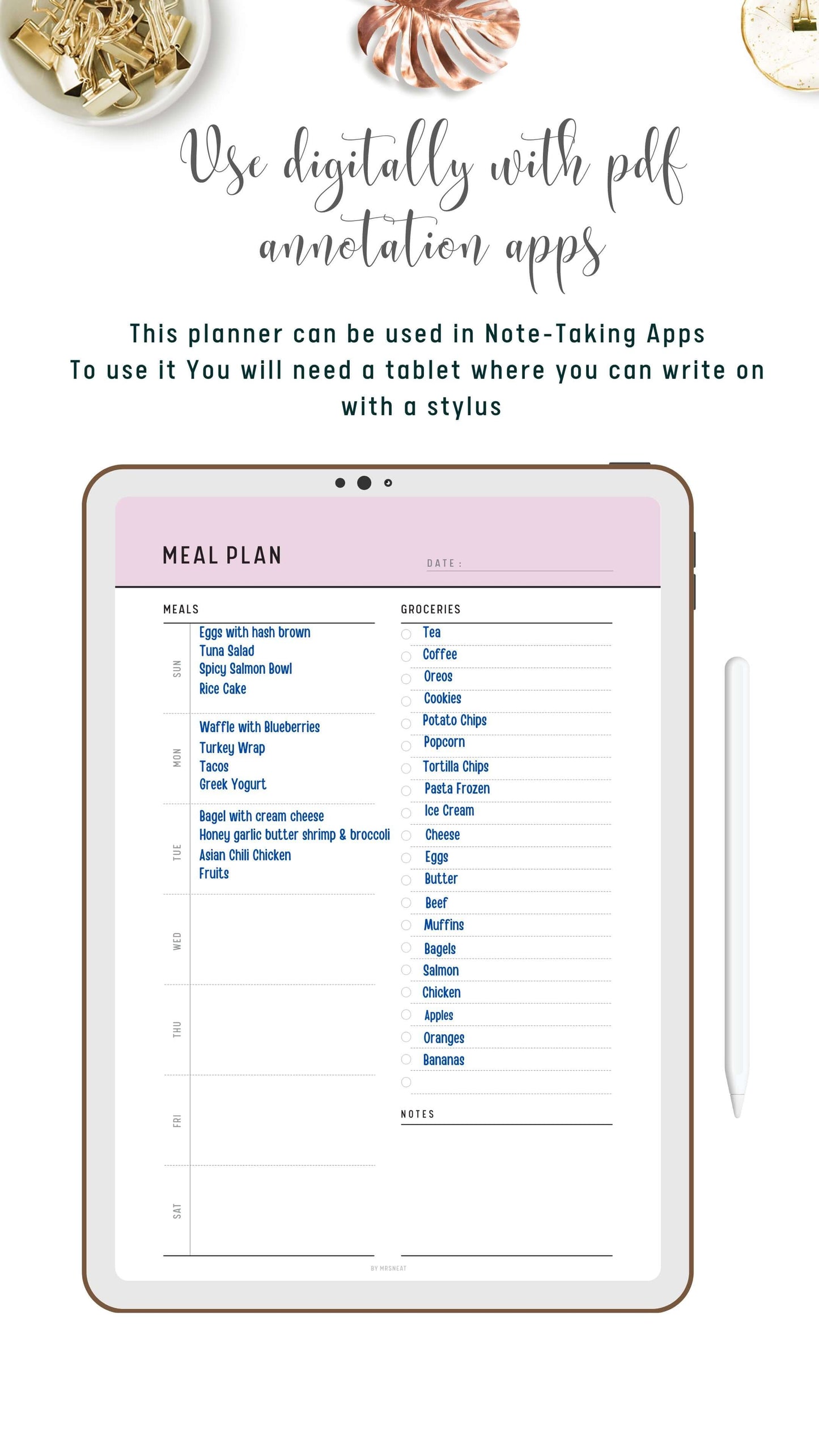 Digital Weekly Meal Plan with Grocery List Template