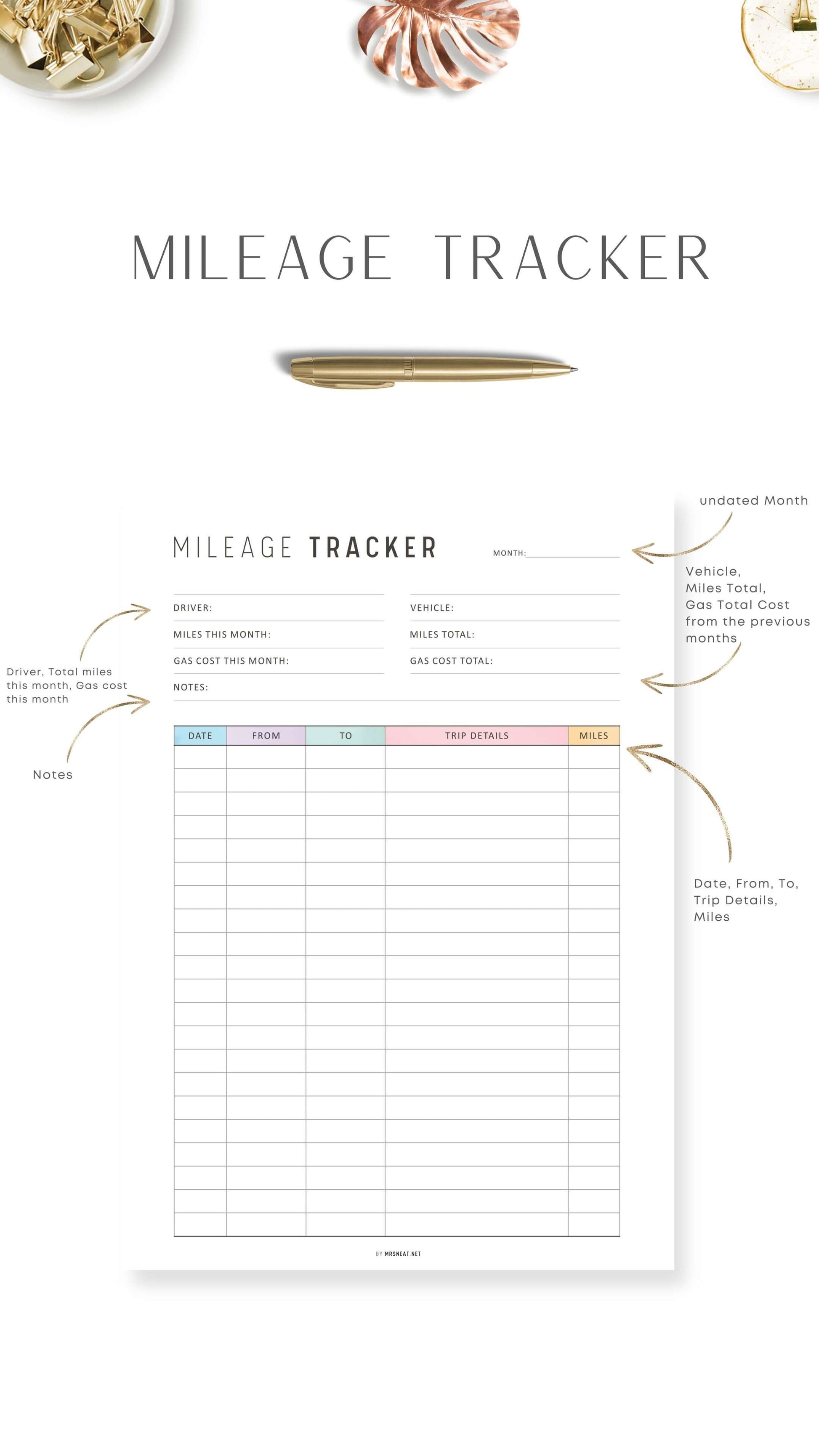 Colorful Mileage Tracker Printable