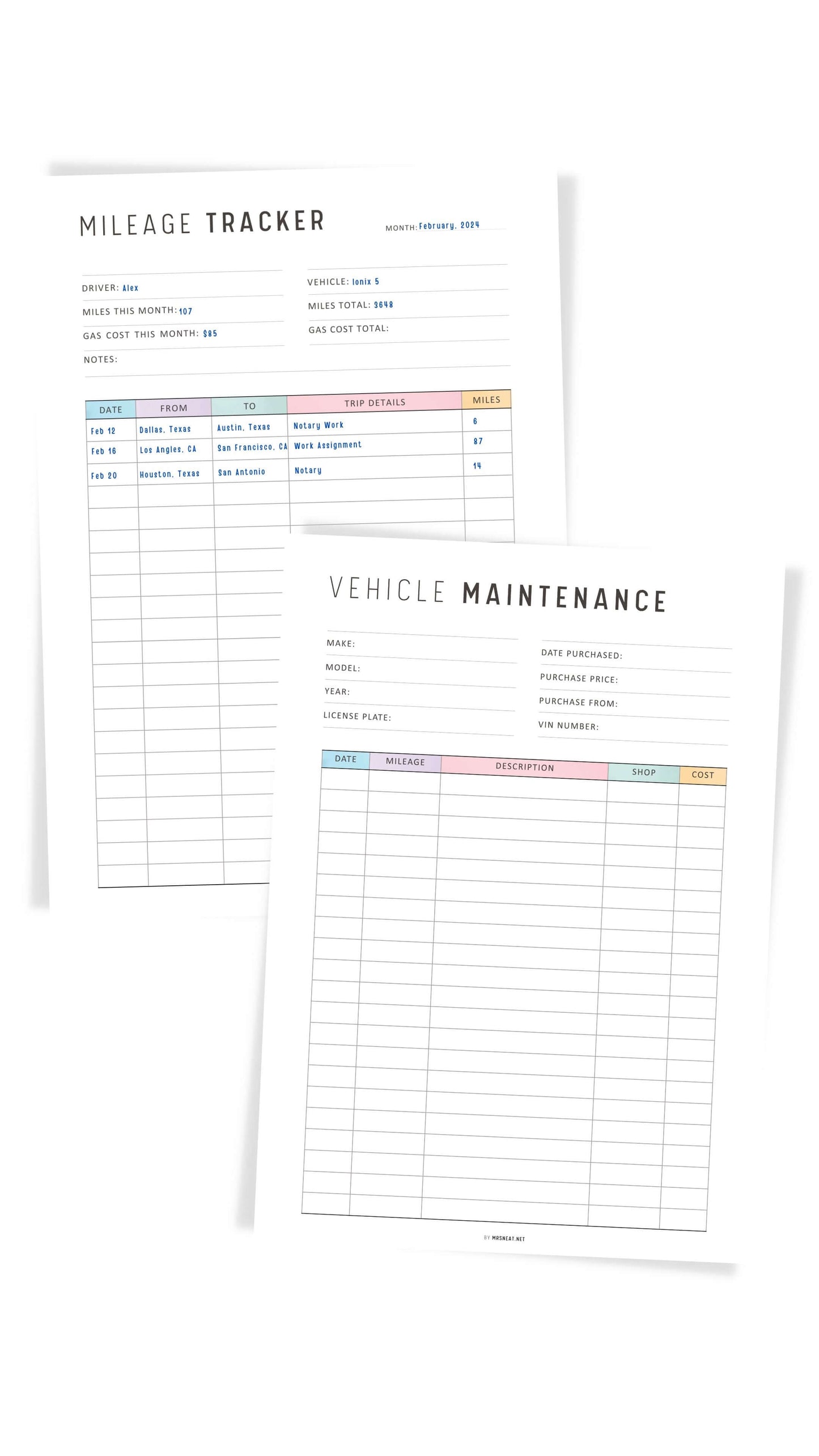 Colorful Mileage Tracker Printable