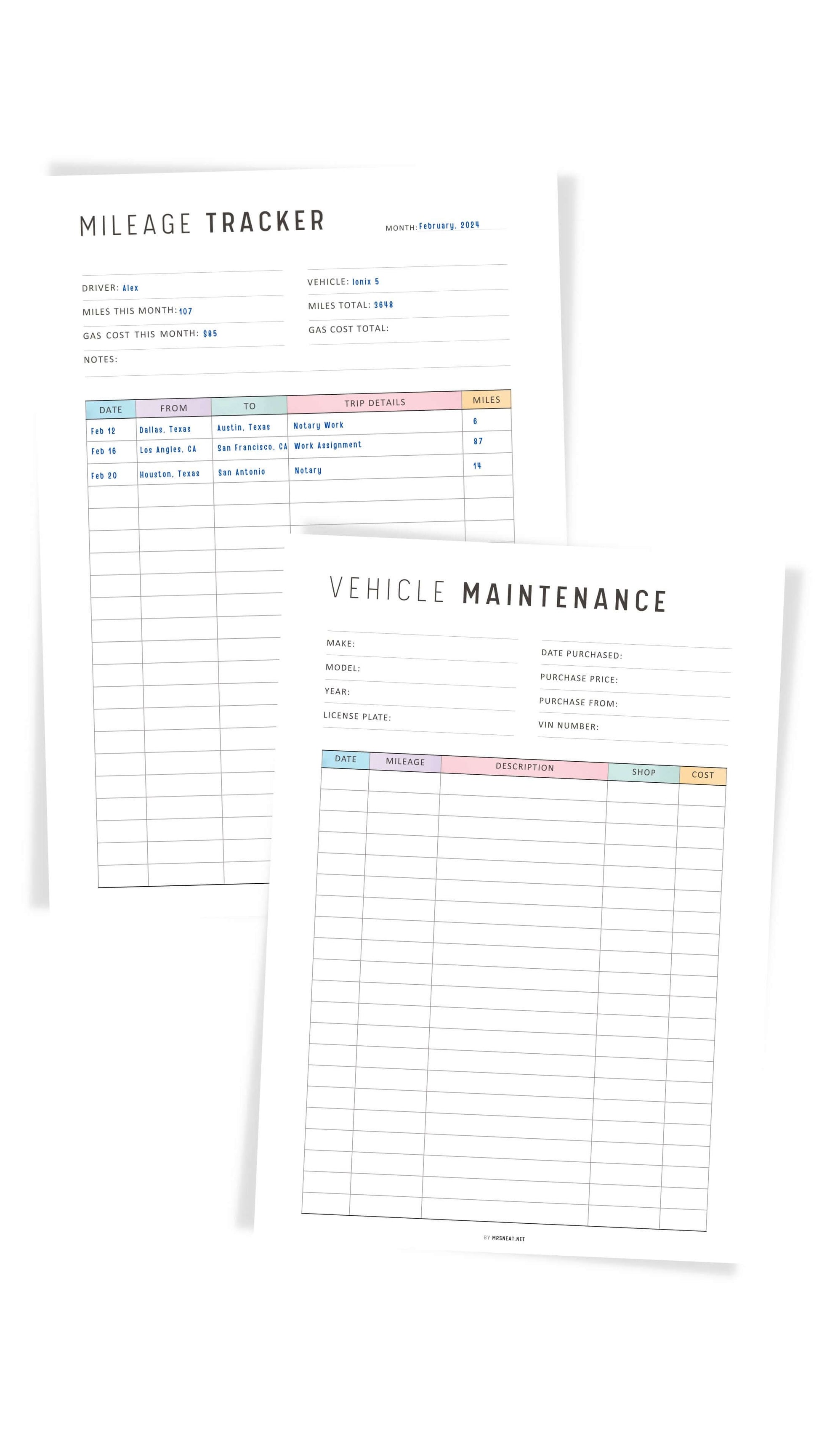 Colorful Mileage Tracker Printable