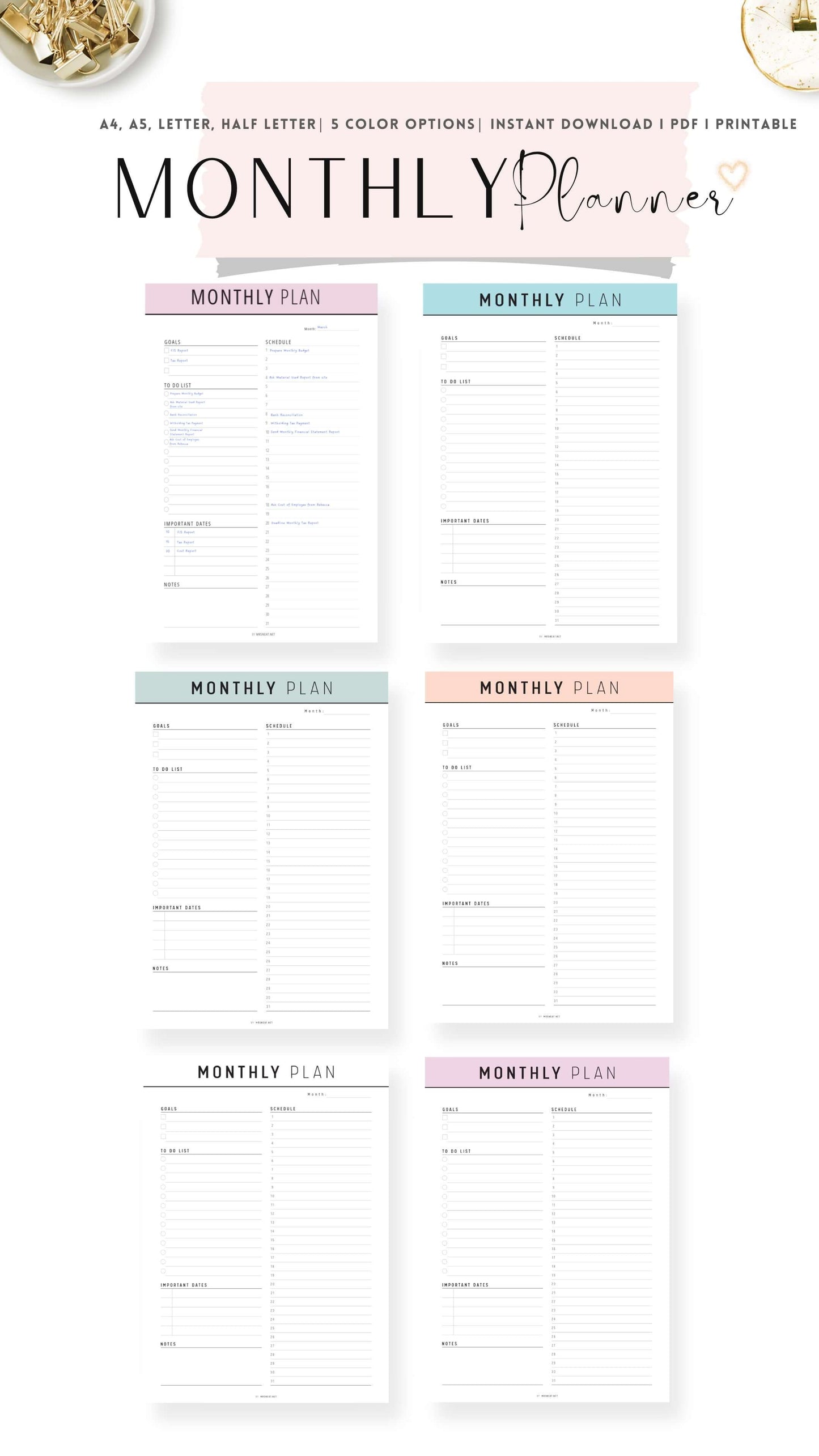 Colorful Monthly Planner Template Printable PDF