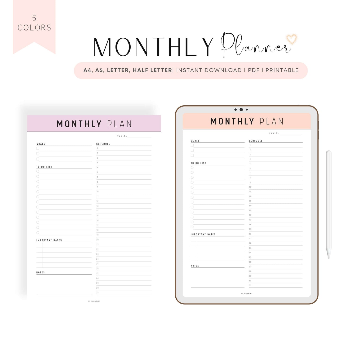 Monthly Planner Template Printable PDF