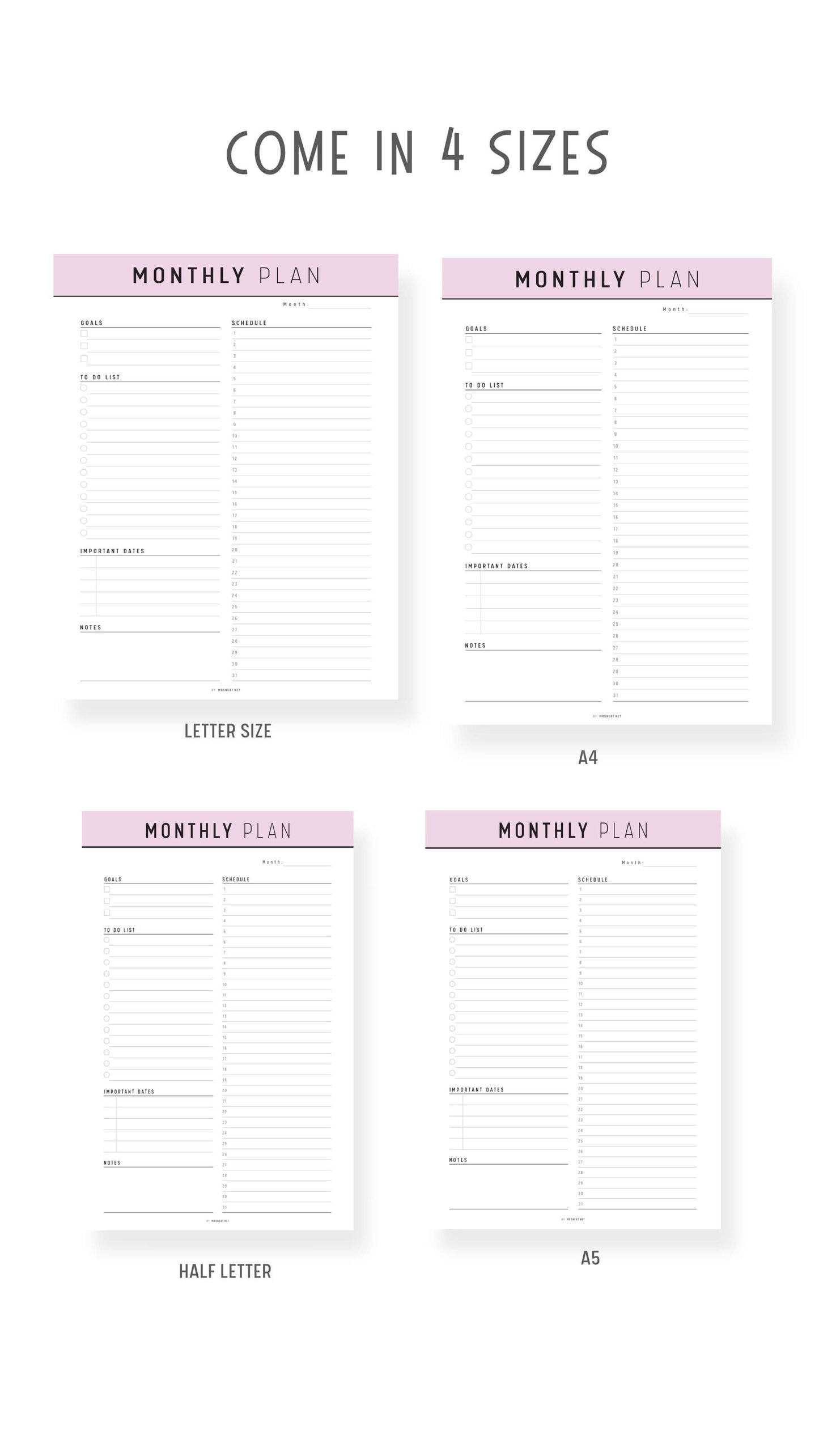 A5, Half Letter Monthly Planner Template Printable PDF