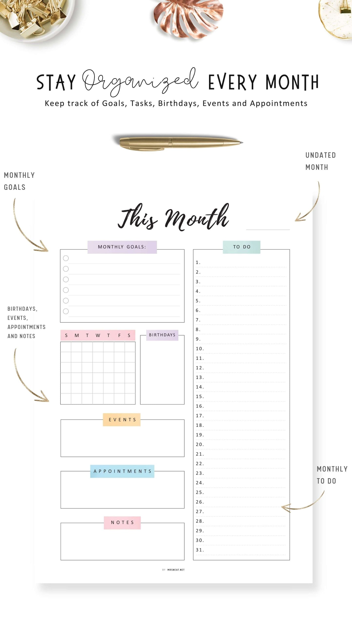 Printable Monthly Planner Template PDF